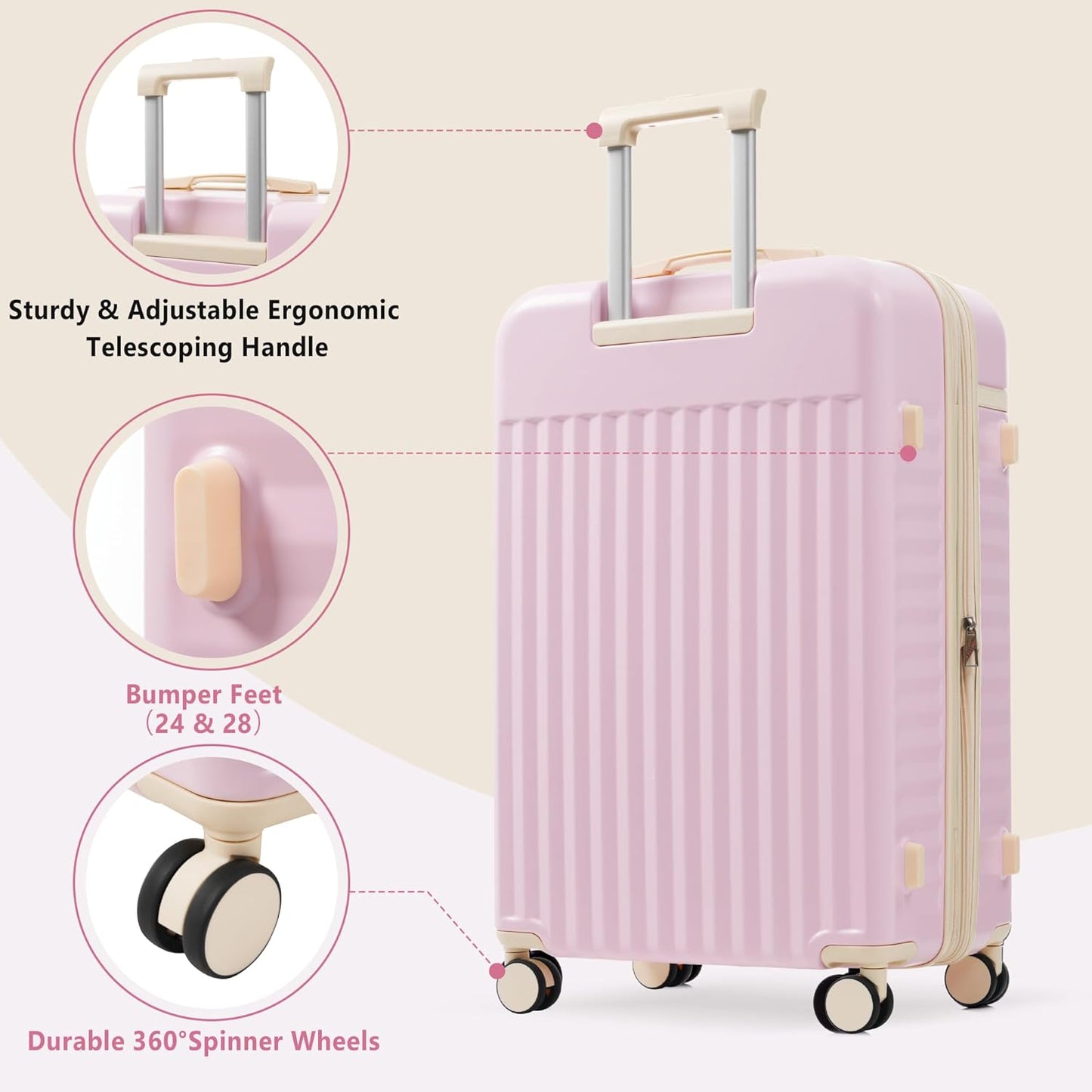 Merax 3 Piece Luggage Sets, Hardside Lightweight Carry on Suitcase,Durable Expandable Luggage with Travel Bags Spinner Wheels and TSA Lock,Pink
