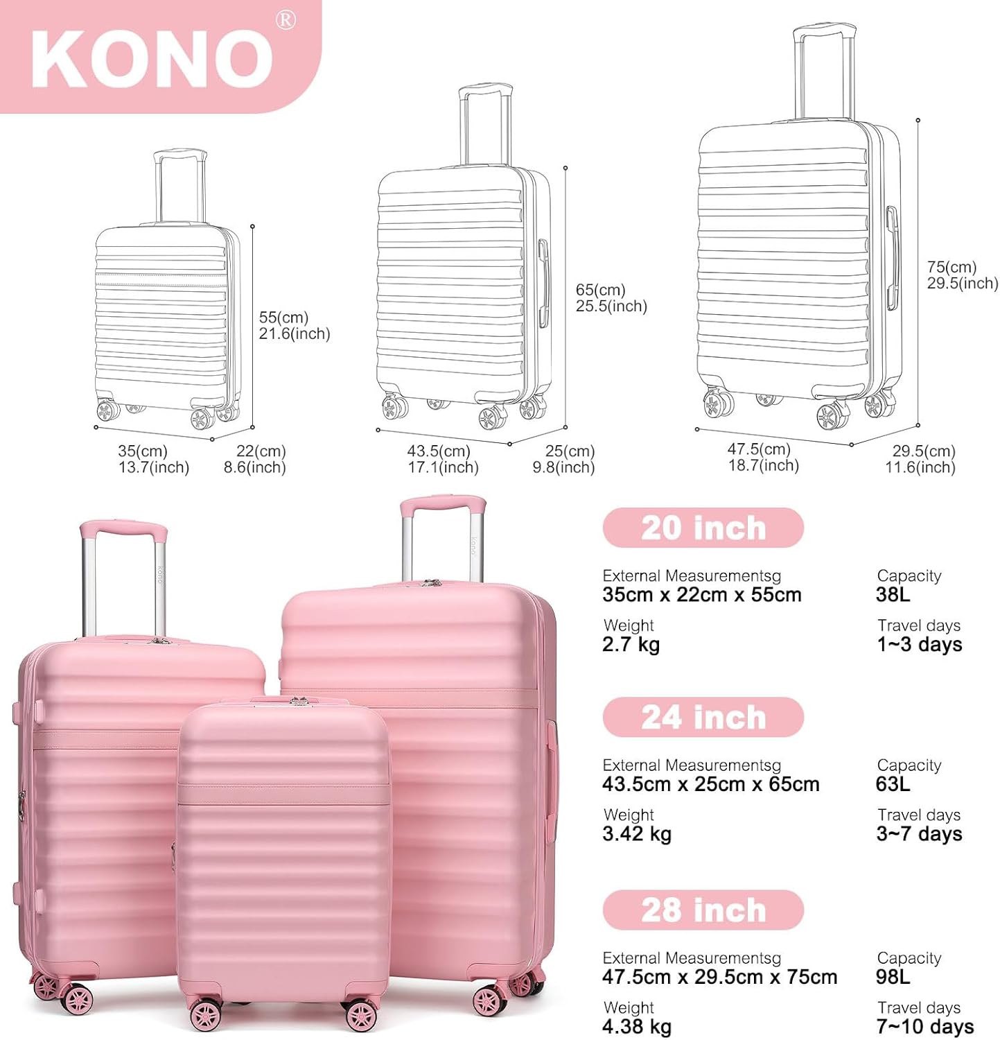 Kono Medium Checked Luggage 24 Inch Expandable With Spinner Wheels, TSA Lock, ABS+PC Lightweight Travel Suitcase Larger And Lighter Capacity, Pink