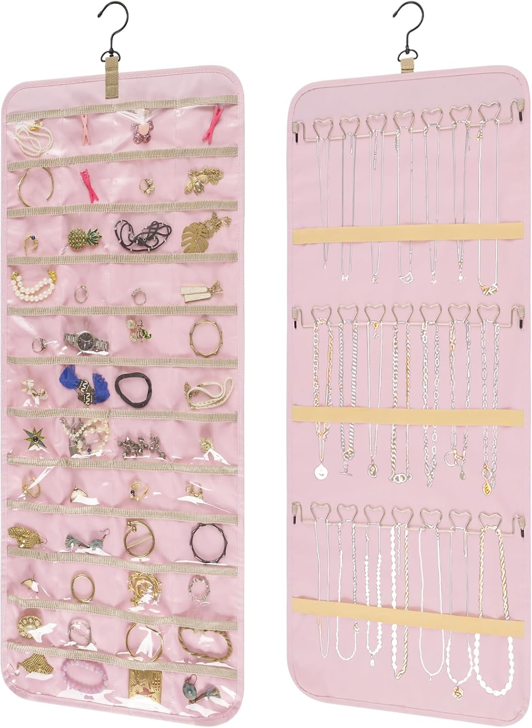 Bloss Hanging Jewelry Organizer with 48 Pockets, Double-Size Hanging Jewelrys Holder with Hanger Hooks, Jewelry Organizers and Storage for Earrings, Necklaces and Rings,Pink