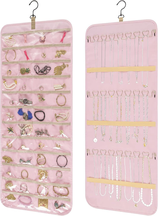 Bloss Hanging Jewelry Organizer with 48 Pockets, Double-Size Hanging Jewelrys Holder with Hanger Hooks, Jewelry Organizers and Storage for Earrings, Necklaces and Rings,Pink