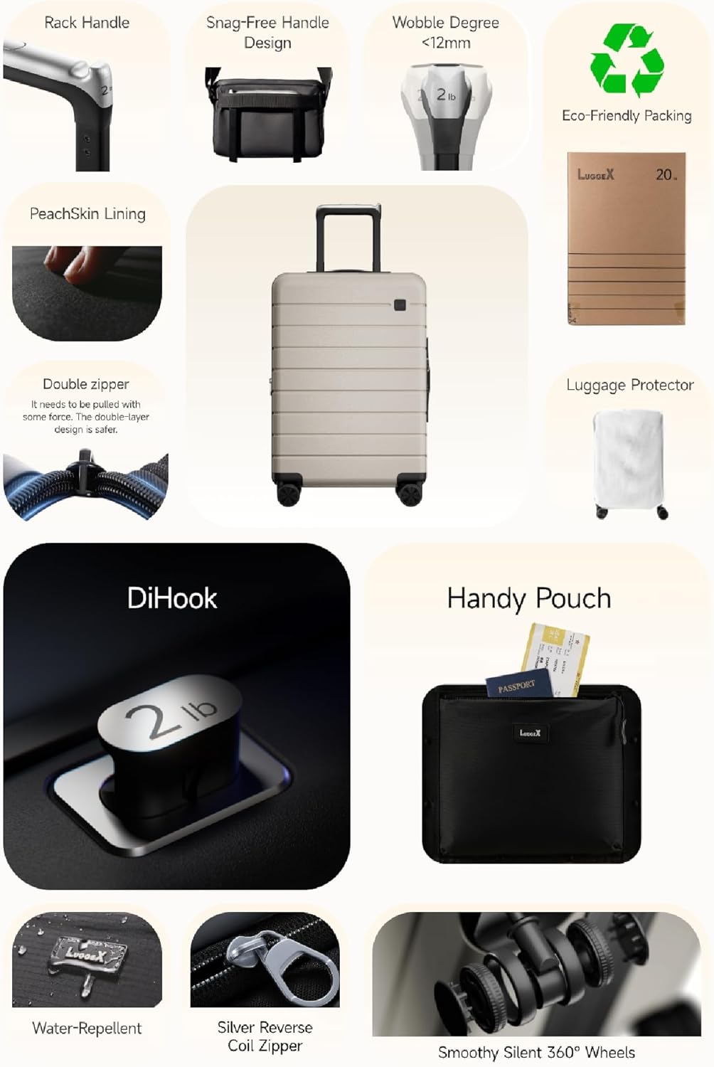 LUGGEX Carry On Luggage HUP3, Accelerate Access with DiHook, Handy Pouch, 20 inch Expandable Hard Shell Suitcases with Spinner Wheels (HX-Core)