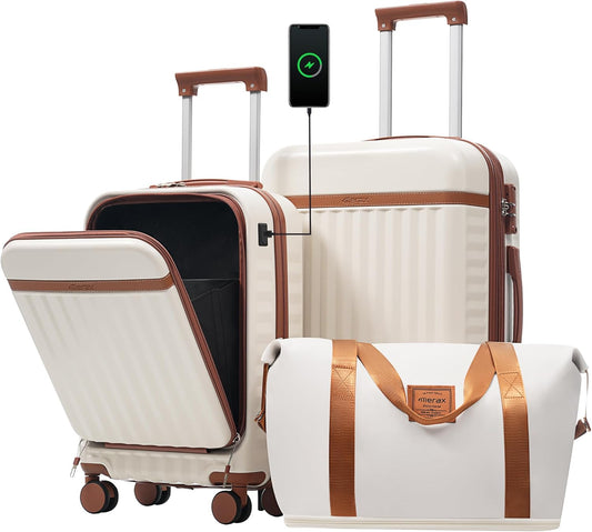 Merax Luggage Sets 2 Piece Front Opening, Hardside Lightweight Carry on Suitcase with USB Port,Durable Expandable Luggage with Bags Spinner Wheels and TSA Lock,White and Brown
