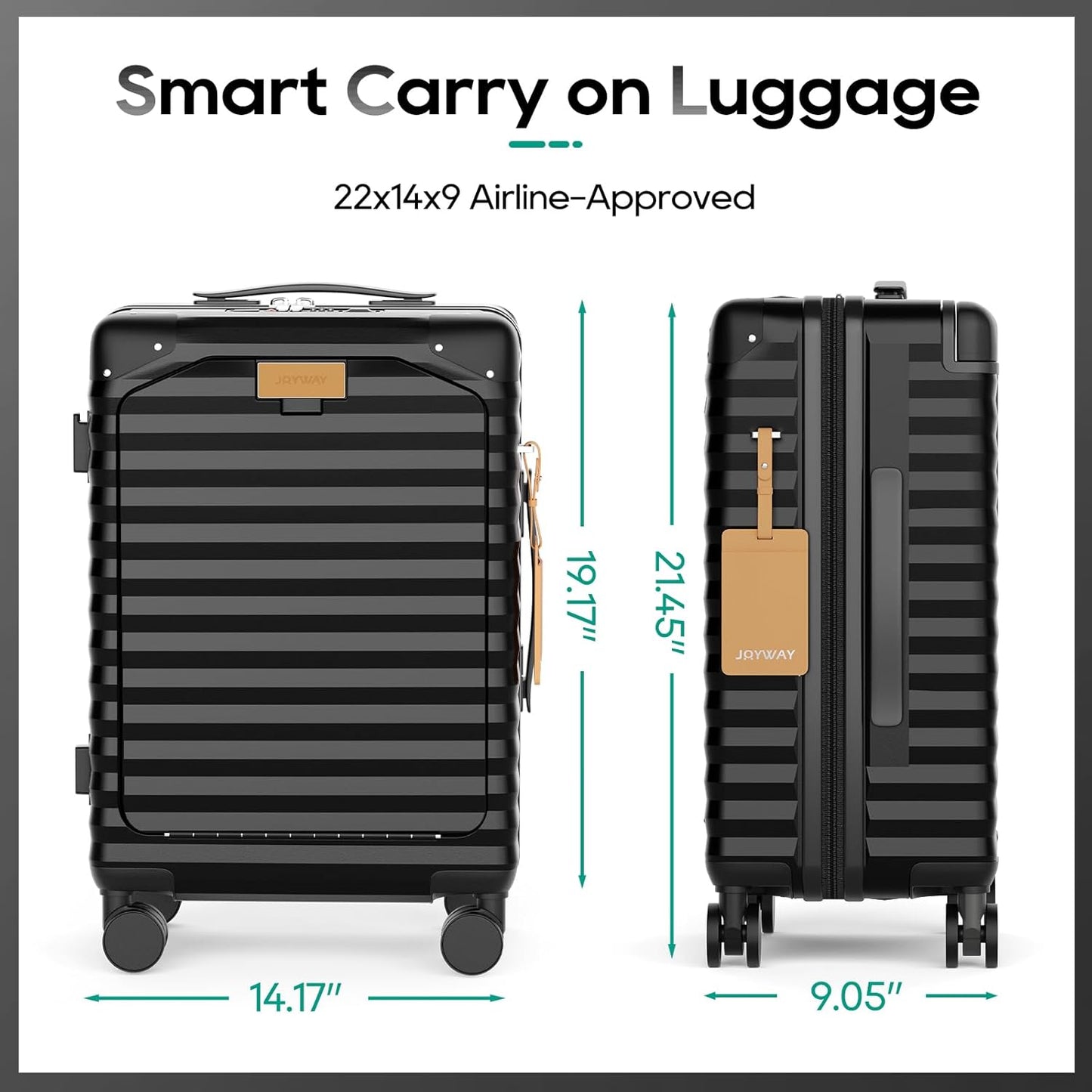 Joyway 20 Inch Carry on Luggage with Front Pocket, PC Hardshell Carry-on Suitcase with USB Port and Cup Holder, 21.5x14.2x9 Airline Approved, Luggage with Spinner Wheels and TSA Lock (Black)