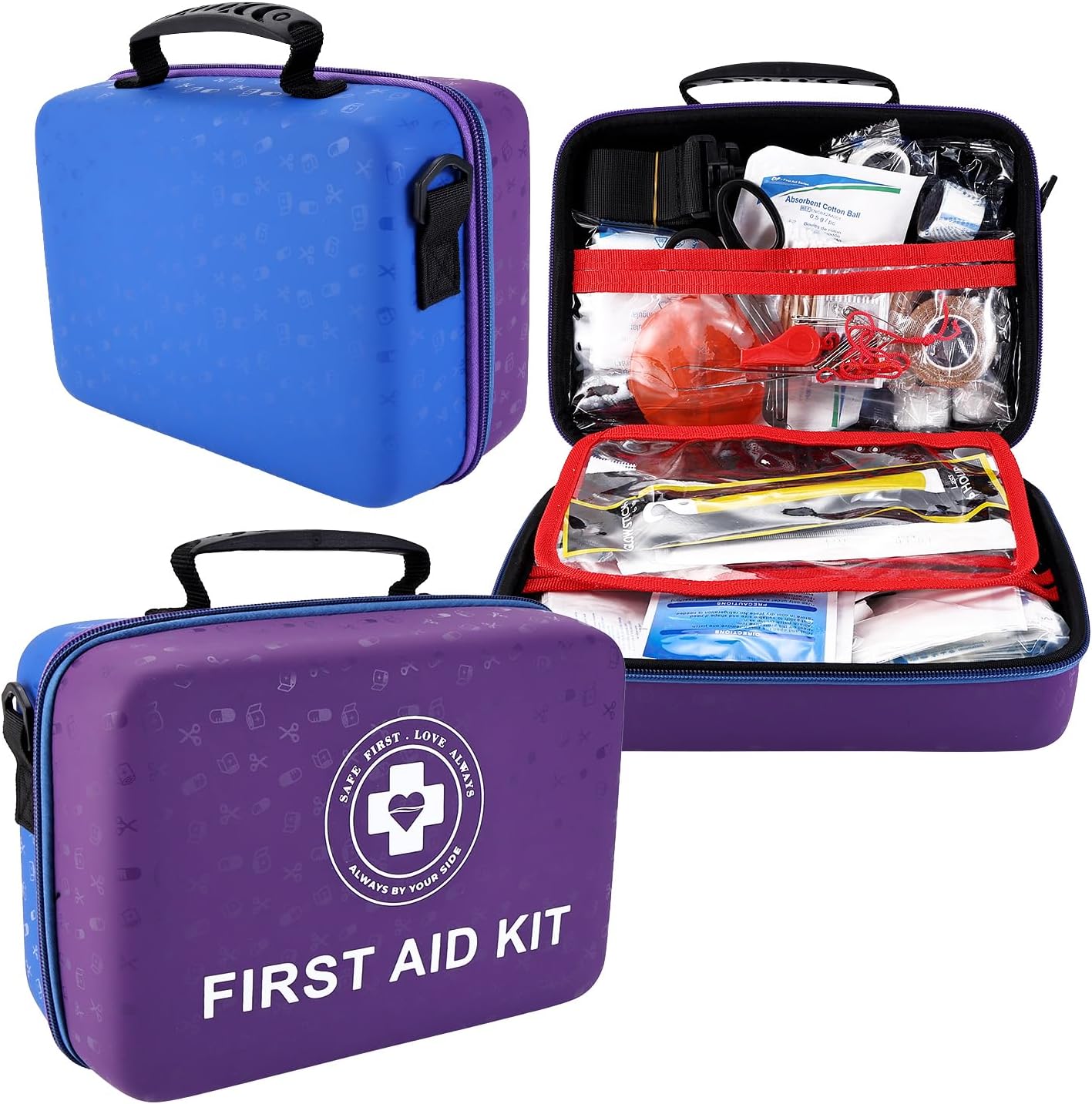 Large First Aid Kit - 410 Piece Dual-Color Emergency Kit with Hard Shell & Fluorescent Interior Coating, Professional Survival Kit for Home, Car, Travel, Hiking & Outdoor(Blue/Purple)