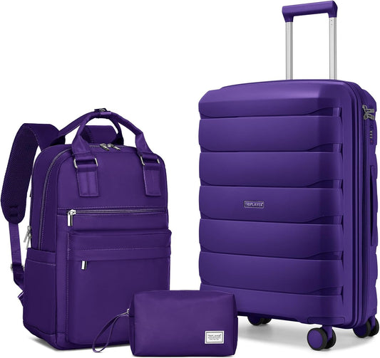 Carry On Luggage 22x14x9 Airline Approved, 22 Inch PP Hardshell Luggage Carry-on Suitcase with Spinner Wheels, Carry On Suitcase Set for Women(Purple)