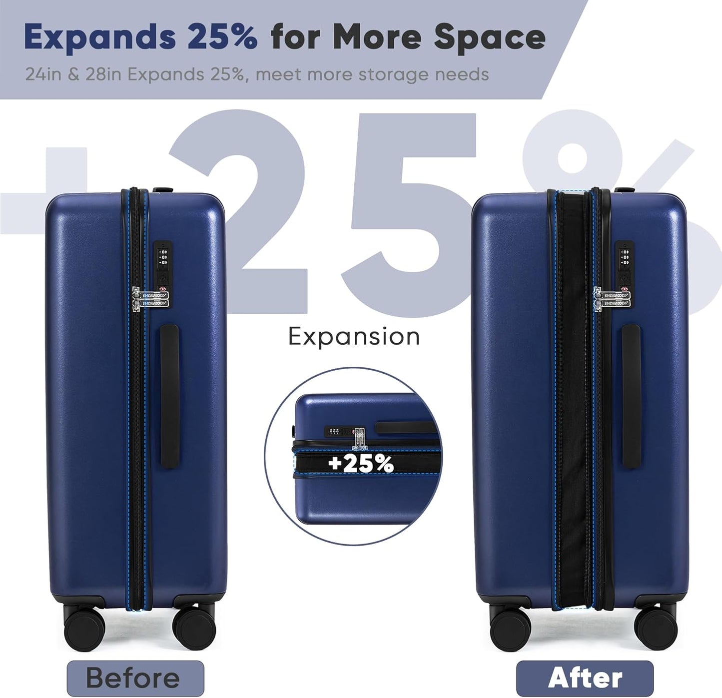 SHOWKOO Luggage Sets 3 Piece 100% PC Ultra Tough Hardside Expandable Suitcases Sets with TSA Lock Double Spinner Wheels (20in/24in/28in, Blue