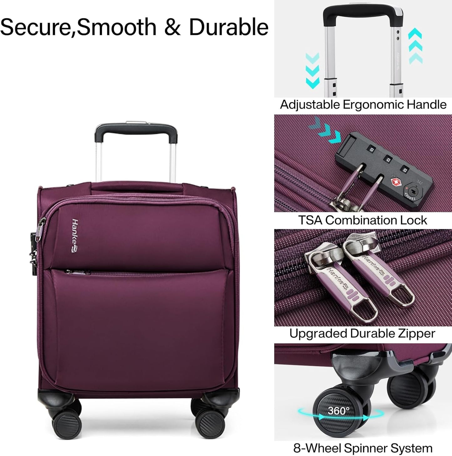 Hanke 16 Inch Underseat Carry On Luggage with Spinner Wheels Airline Approved, Small Rolling Suitcase Softside Underseater Lightweight TSA Travel Roller Suitcase Carry-On Bag(Purple)