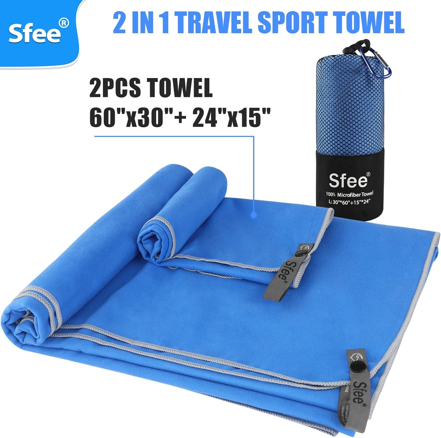 Sfee 2 Pack Microfiber Travel Towel, Quick Dry Beach CampingTowel Super Absorbent Compact Lightweight Sport Gym Towels for Beach, Gym, Hiking, Pool, Backpacking, Bath, Yoga