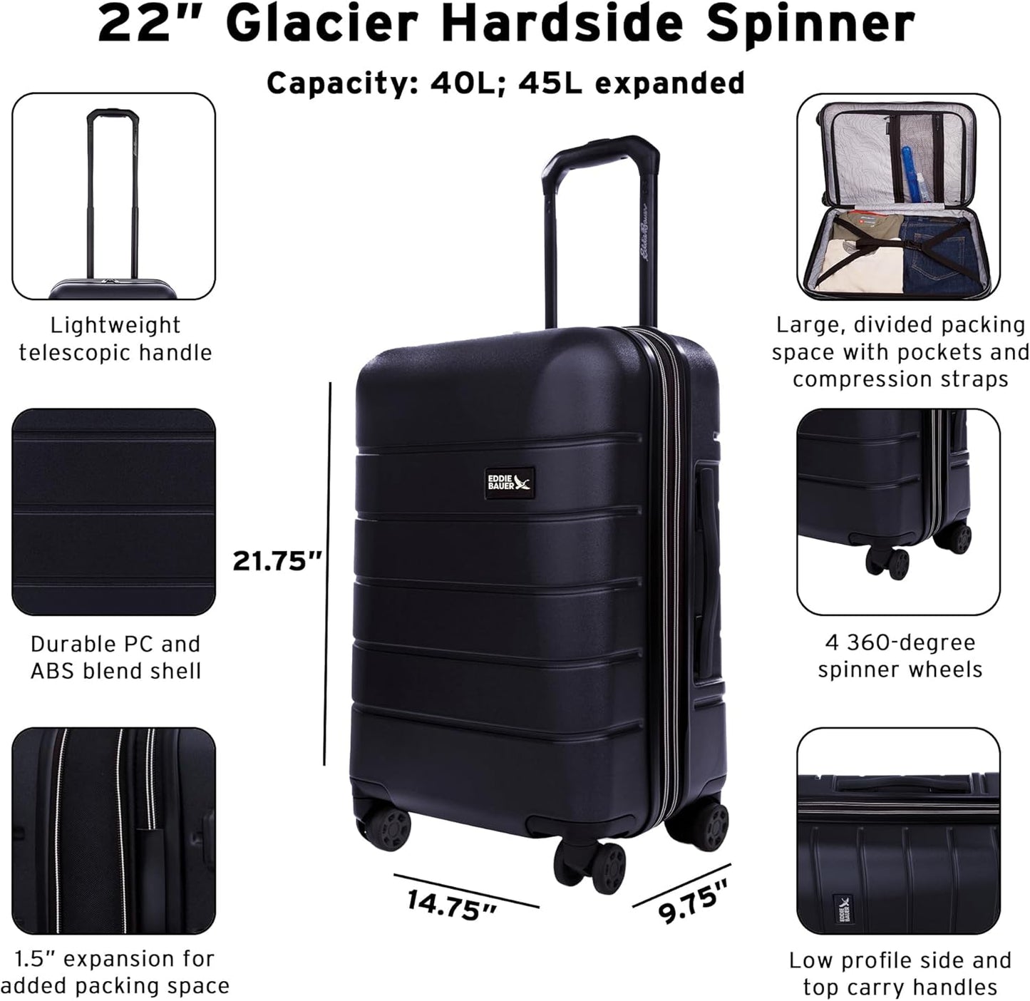 Eddie Bauer Glacier Hardside Spinner Durable PC/ABS Construction 2-Piece Set Suitcase Luggage, Storm