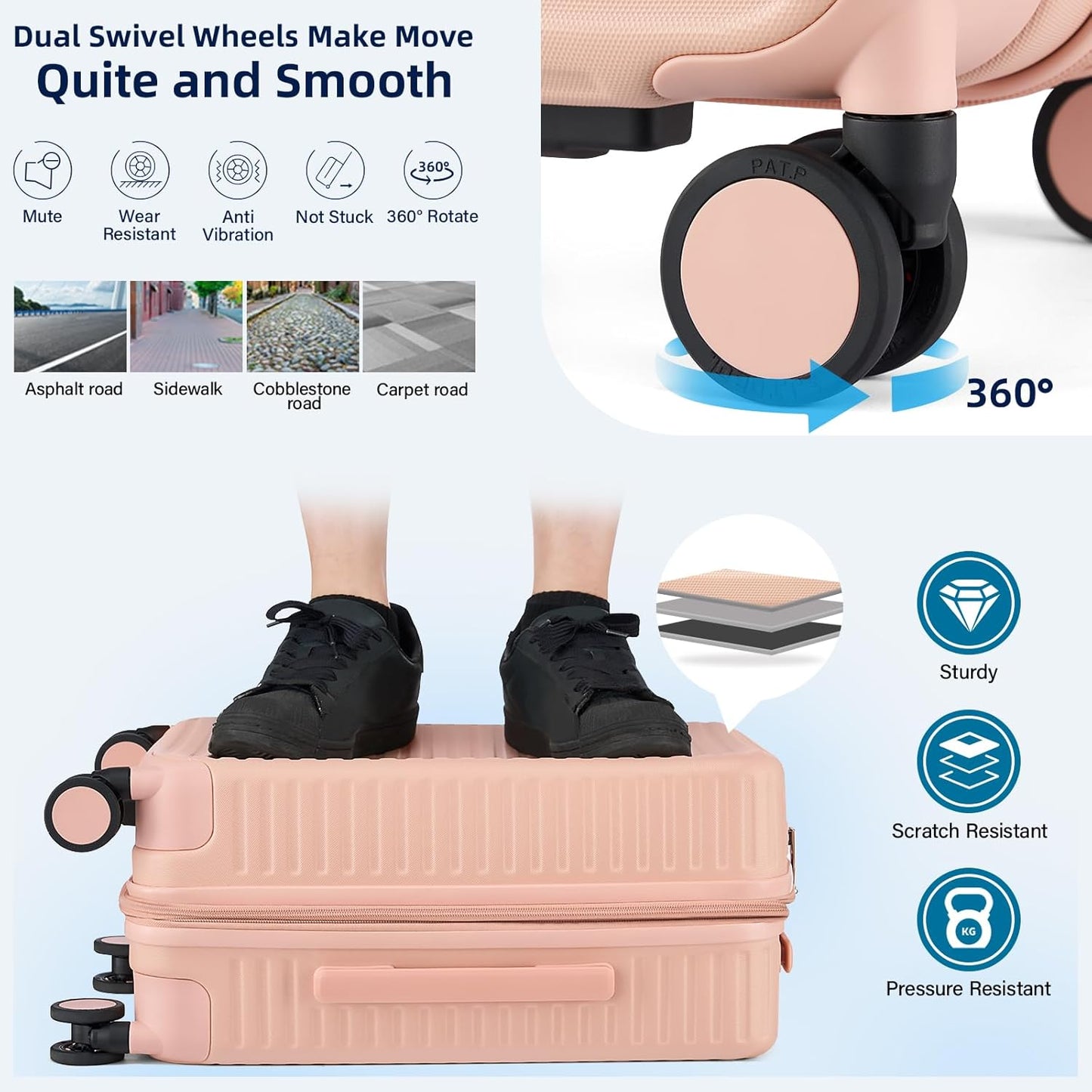 Hard Shell Suitcases Expandable Travel Luggage Sets 3 Piece, Carry on and Check in 3 Piece Luggage Suitcase Sets with Spinner Wheels Cup Holder Charger Built in (Pink, 20/24/28)