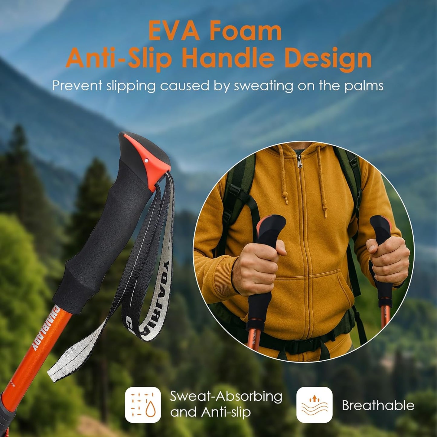 Collapsible Trekking Pole,7075 Aluminum Adjustable 43.3"-51.2" Hiking Pole, Quick-Lock Design,Walking Sticks for Hiking/Camping/Travel (Matte Orange)