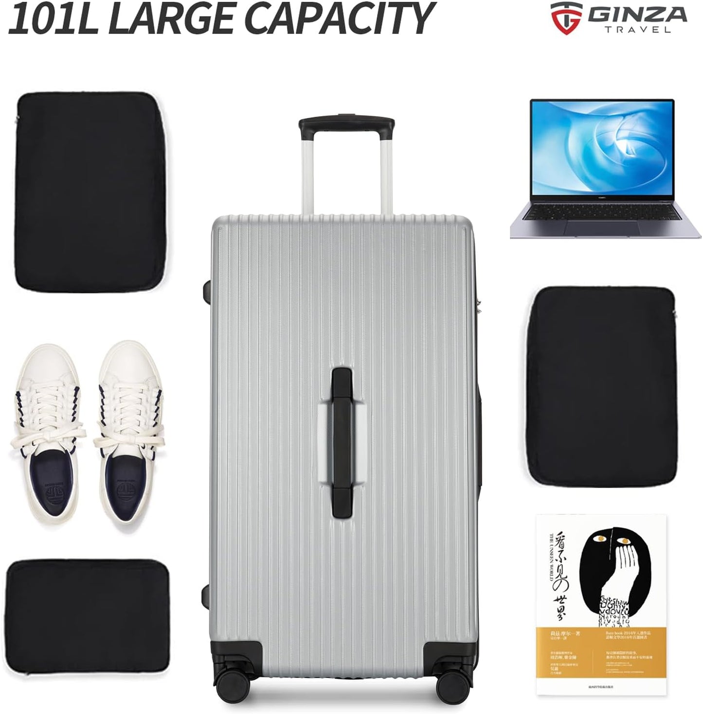 PRIMICIA ginzatravel Suitcase, 28 inch suitcase with wheel & Travel Bag & Suitcase Strap, Scratch resistant texture Lightweight PC material, TSA lock (Star Silver (combination))