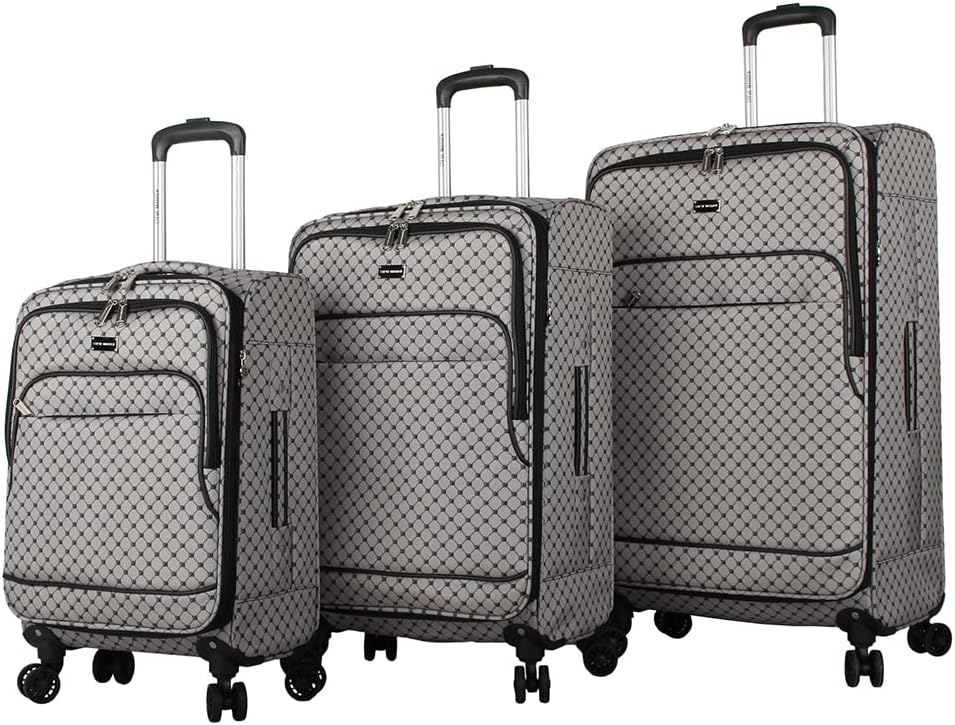 Steve Madden Designer Luggage Collection - 3 Piece Softside Expandable Lightweight Spinner Suitcase Set - Travel Set includes 20 Inch Carry on, 24 Inch & 28-Inch Checked Suitcases (Noble Black/Grey)