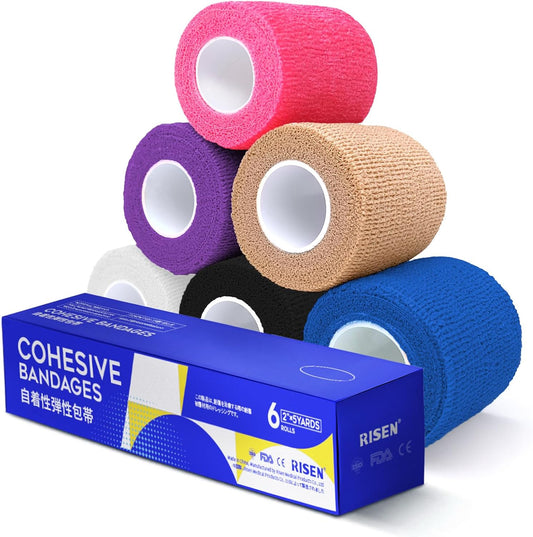 RISEN Cohesive Bandage 2” x 5 Yards, 6 Rolls, Self Adherent Wrap Medical Tape, Adhesive Flexible Breathable First Aid Gauze Ideal for Stretch Athletic