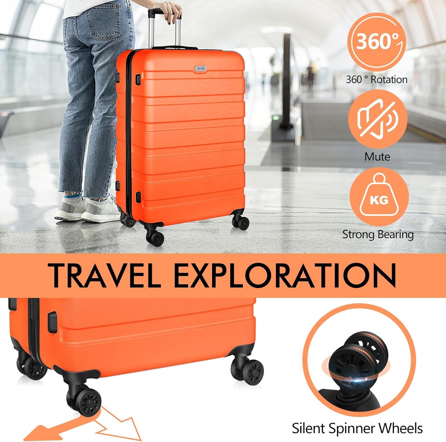 AnyZip Luggage PC ABS Hardside Lightweight Suitcase with 4 Universal Wheels TSA Lock Carry-On 20 Inch Orange