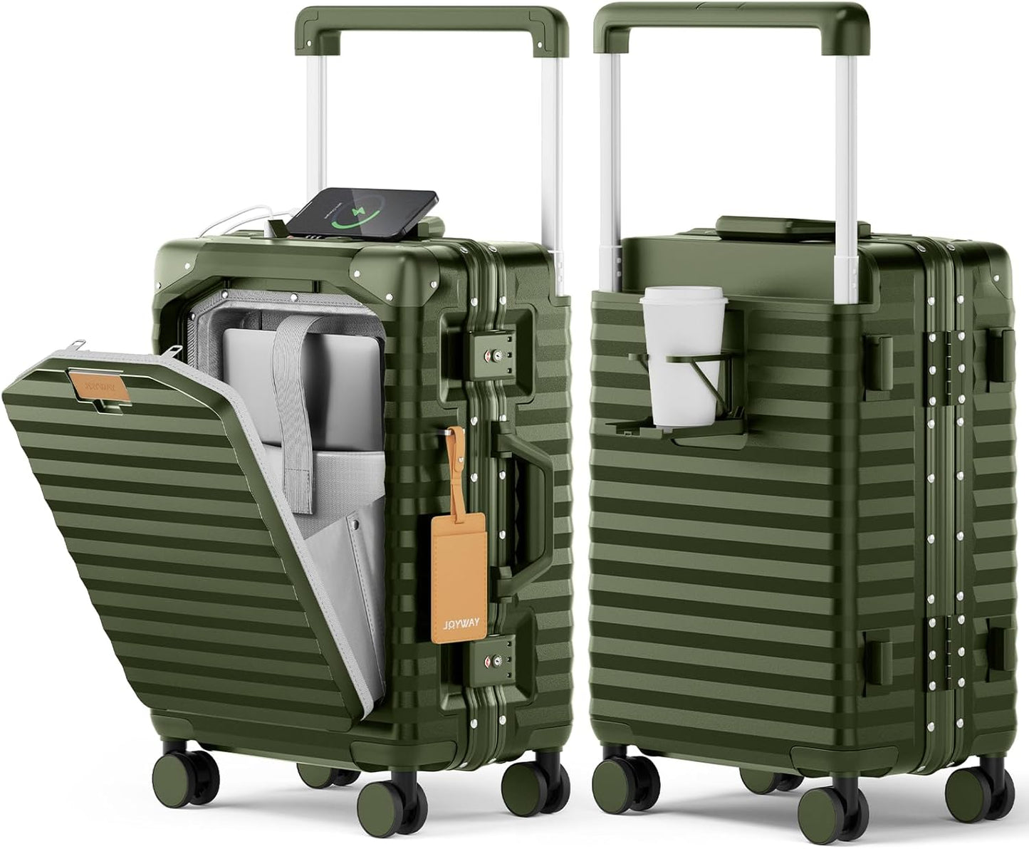 Joyway 20 Inch Carry on Luggage with Aluminium Frame and Front Pocket, PC Hardshell Suitcase with USB Port and Cup Holder, 21.5x14.2x9 Airline Approved Luggage with Spinner Wheel, TSA Lock(Dark Green)