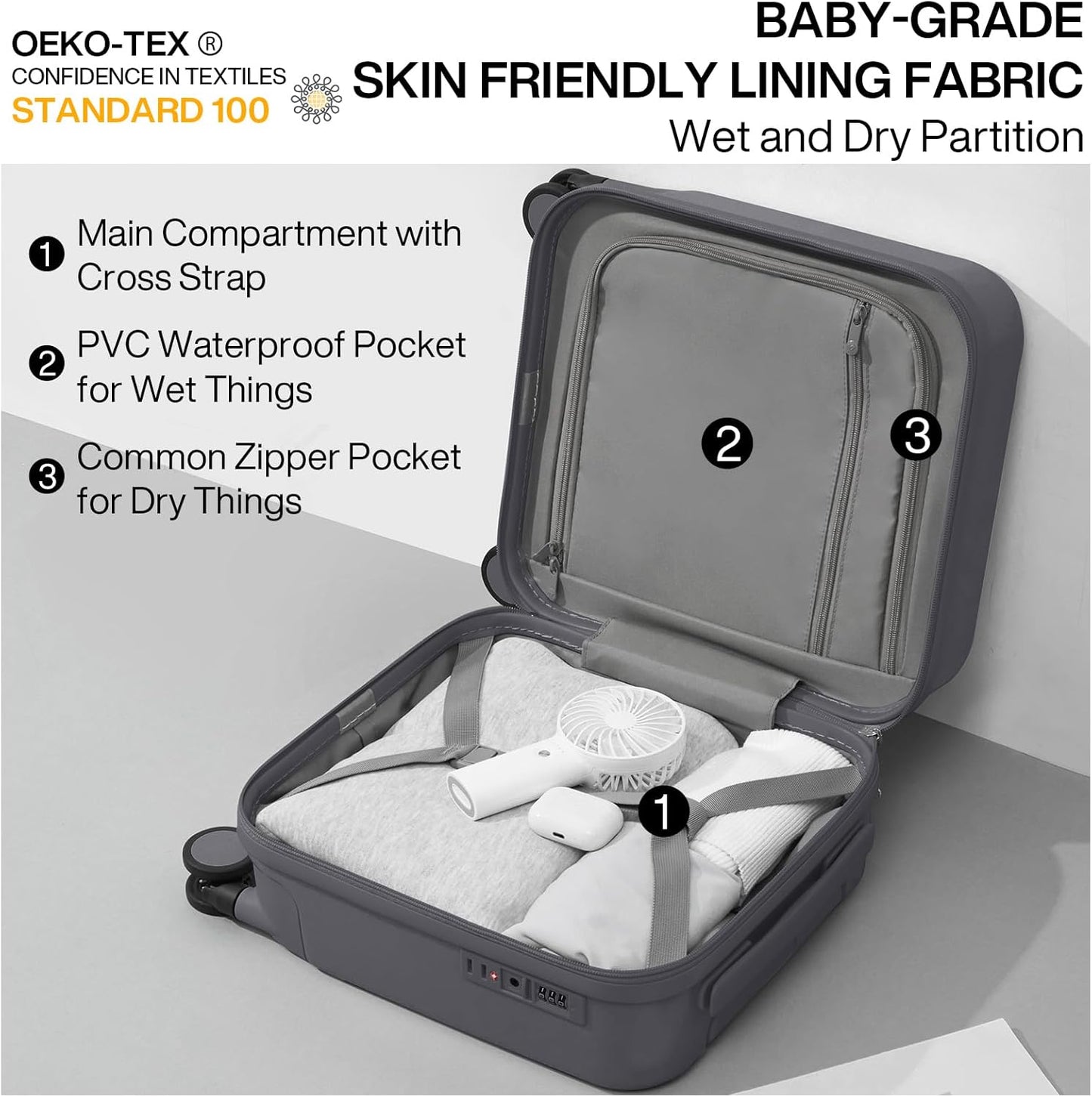 mixi 14 Inch Underseat Luggage Carry on Suitcase Free Boarding Personal Item Suitcases with Spinner Wheels Hardshell Lightweight PC for Short Travel, Rock Gray