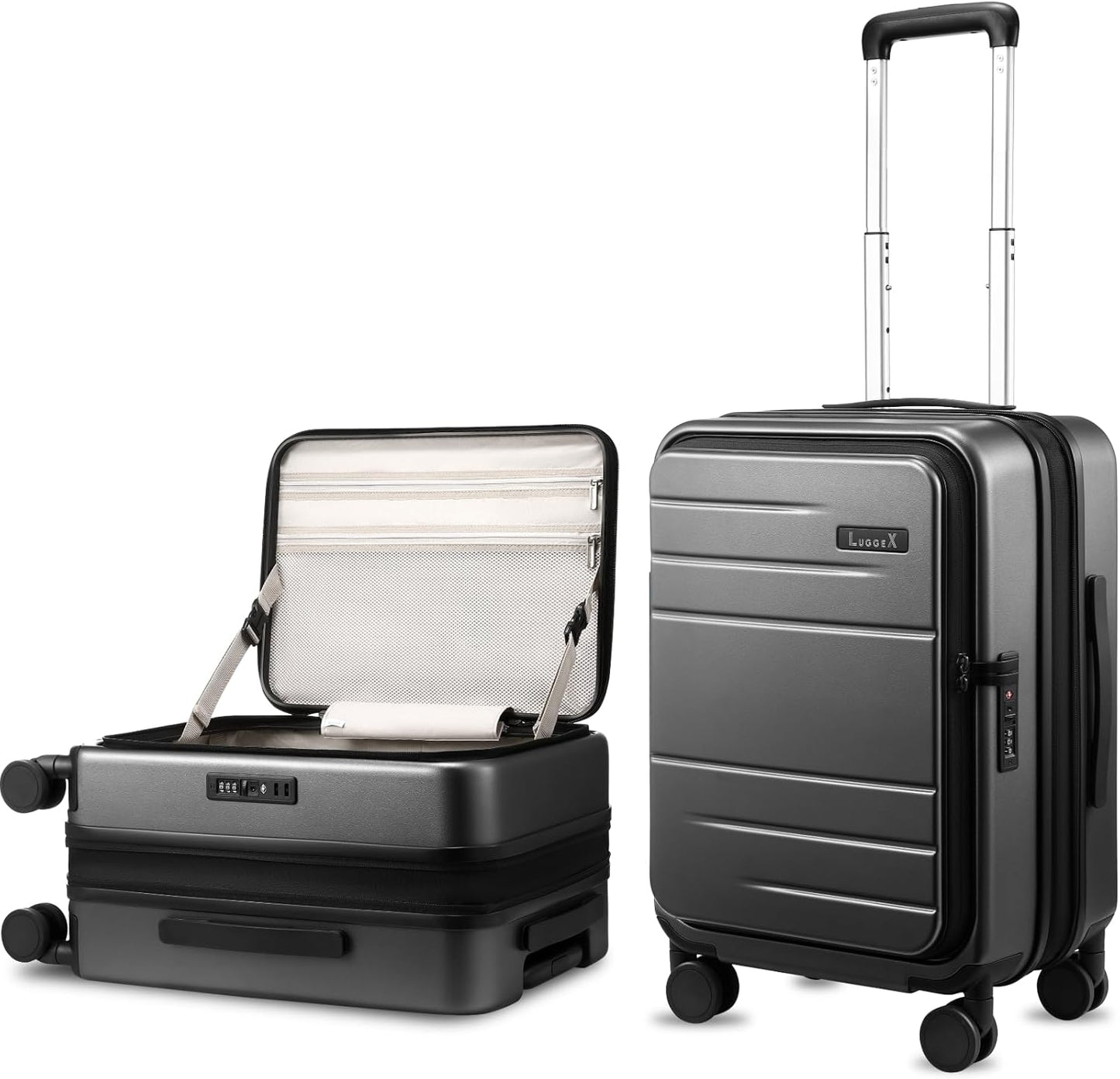 Carry On Luggage Top Opening, FLT Expandable Polycarbonate Hard Shell Suitcase with Wheels (FX-Lite, Charcoal Metallic, 20 Inch, 36L-41L)