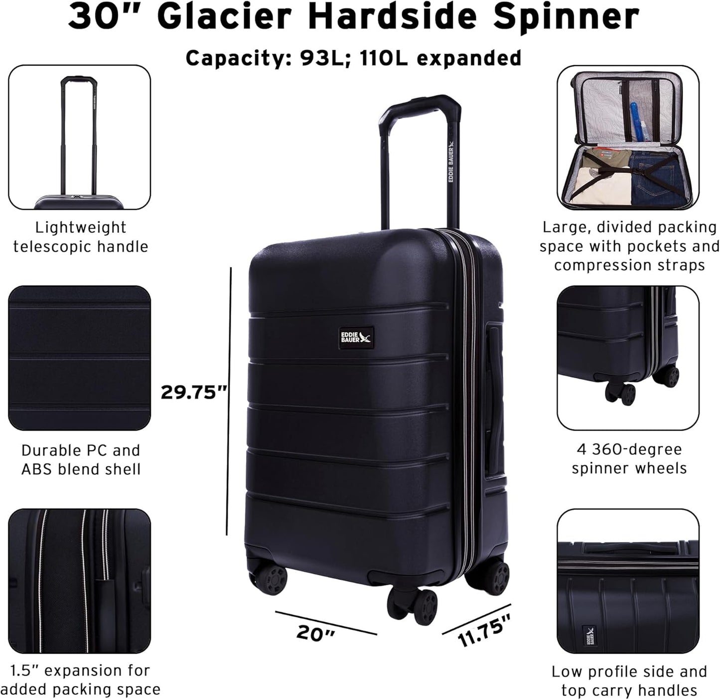 Eddie Bauer Glacier Hardside Spinner Durable PC/ABS Construction 2-Piece Set Suitcase Luggage, Storm