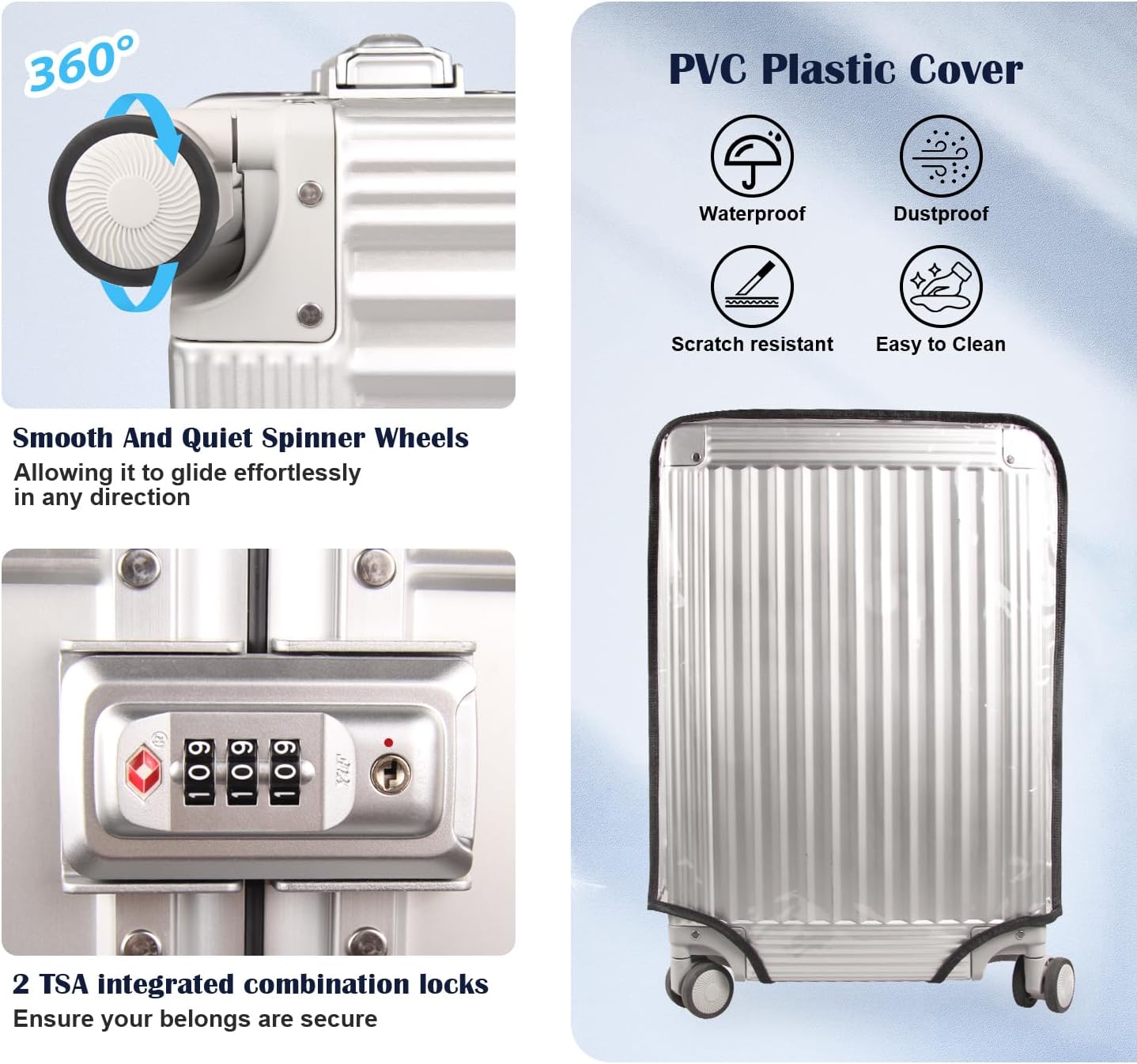 DOMINOX All Aluminum Carry On Luggage Hard Shell Luggage Aluminum Suitcase for Travel Zipperless Luggage Checked Luggage with Silent 360° Spinner Wheels 20 In. (Vertical Grain Style, Sliver)