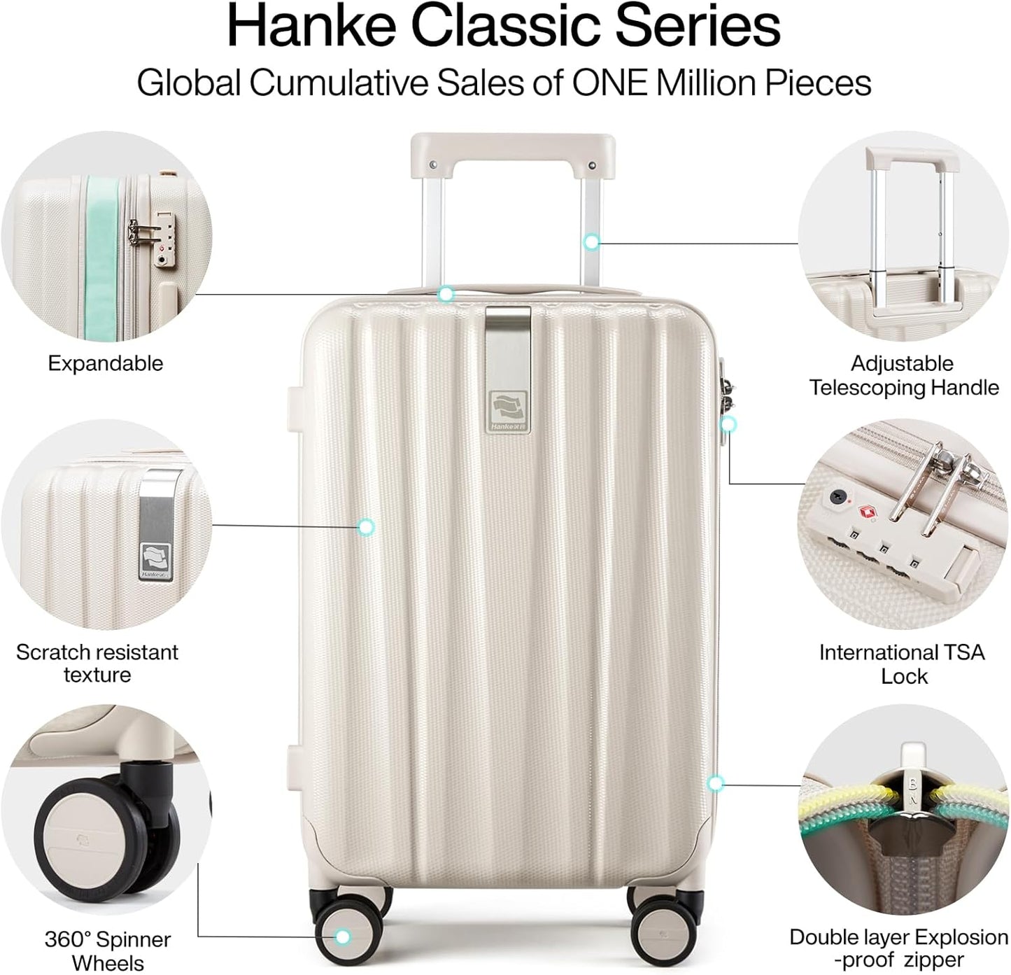 Hanke 29 Inch Expandable Checked Luggage Lightweight PC Hard Shell Luggage Suitcases with Wheels Travel Luggage Rolling Large Suitcase Travel Luggage Bag for Study Abroad.(Ivory White)