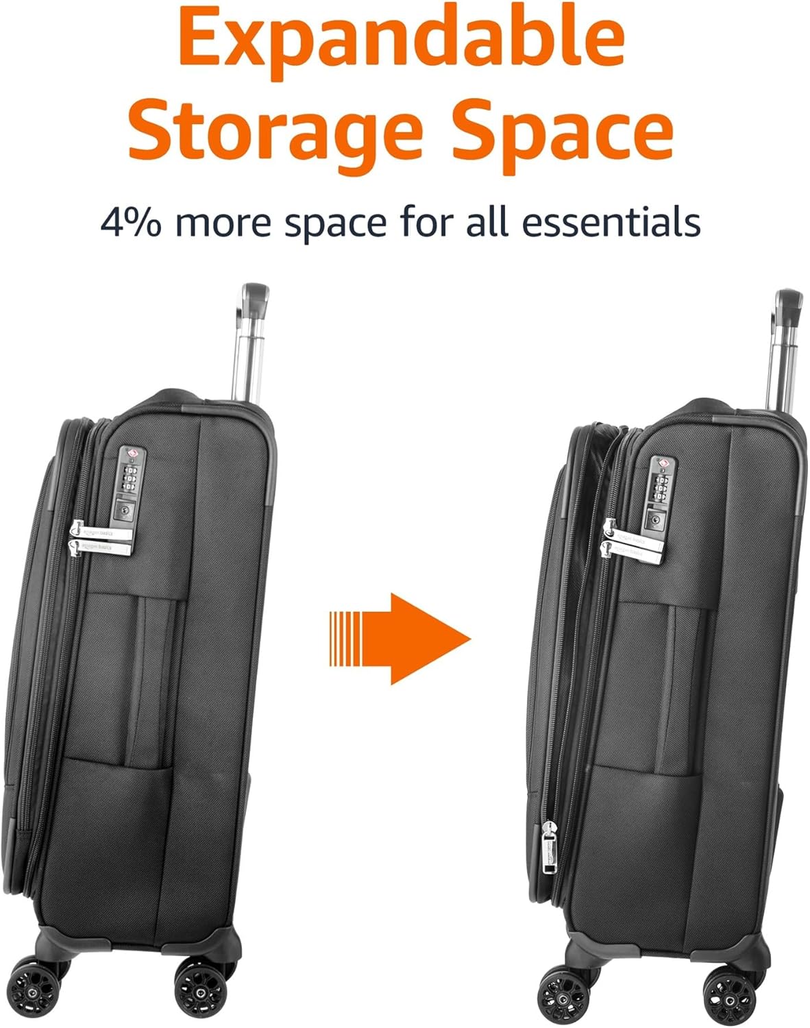 Amazon Basics 17" Carry On Luggage, Softside Suitcase With TSA Lock, 8 Spinner Wheels, Front Exterior Pocket, 3 Interior Pockets For Dry and Damp Clothes/Towels Separately, Black