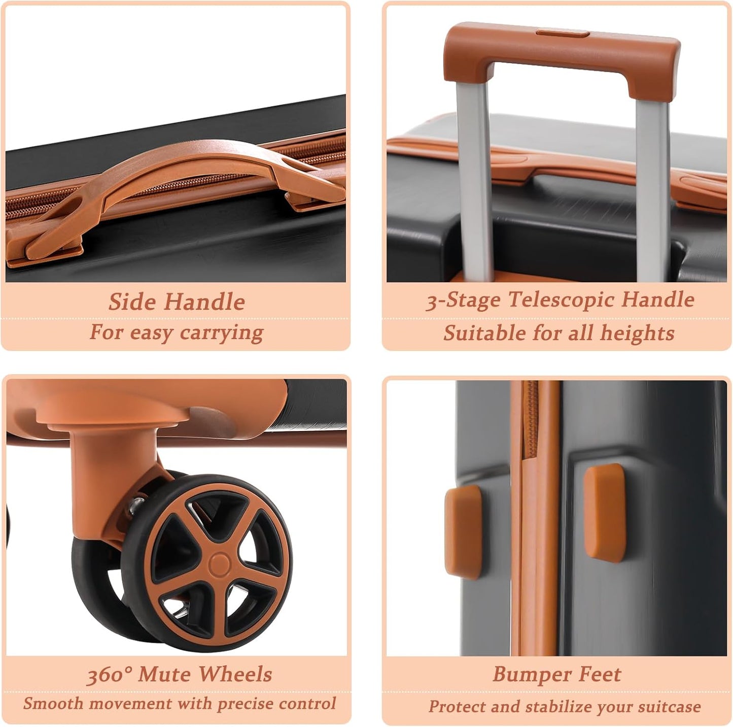 Merax Luggage Sets 3 Piece Hardshell 8 Spinner Wheels Lightweight Suitcase Corner Guards Travel Luggage (Black brown 20IN 24IN 28IN)