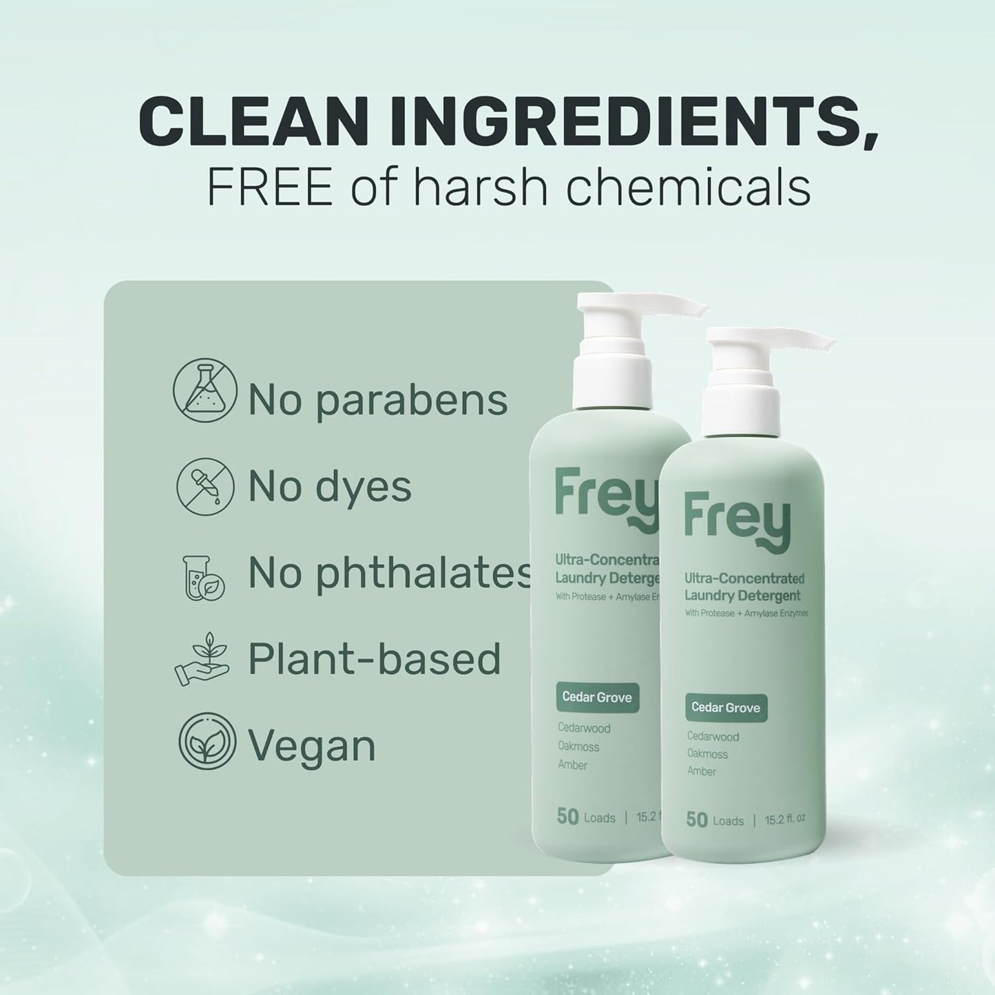 FREY Concentrated Liquid Laundry Detergent | Formulated for Sensitive Skin & HE Washers | Removes Stains Effectively | 50 Loads per Bottle (2-pack Cedar Grove)