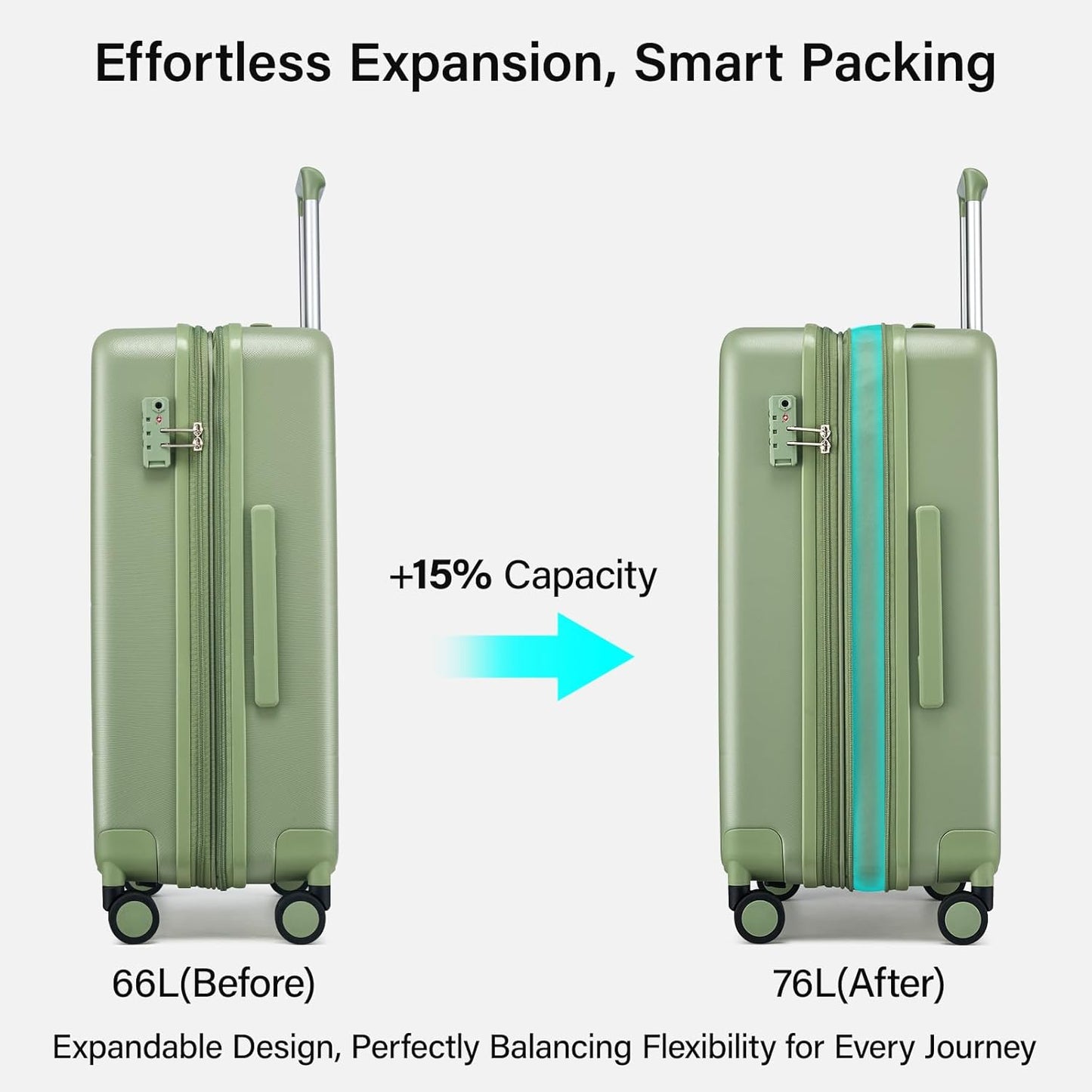 Hanke Expandable 24 Inch Luggage with Spinner Wheels, Hardside Medium Checked luggage, All-PC Hard Shell Suitcase, TSA Lock, Lightweight Checked-Medium (Bamboo Green, 76L)