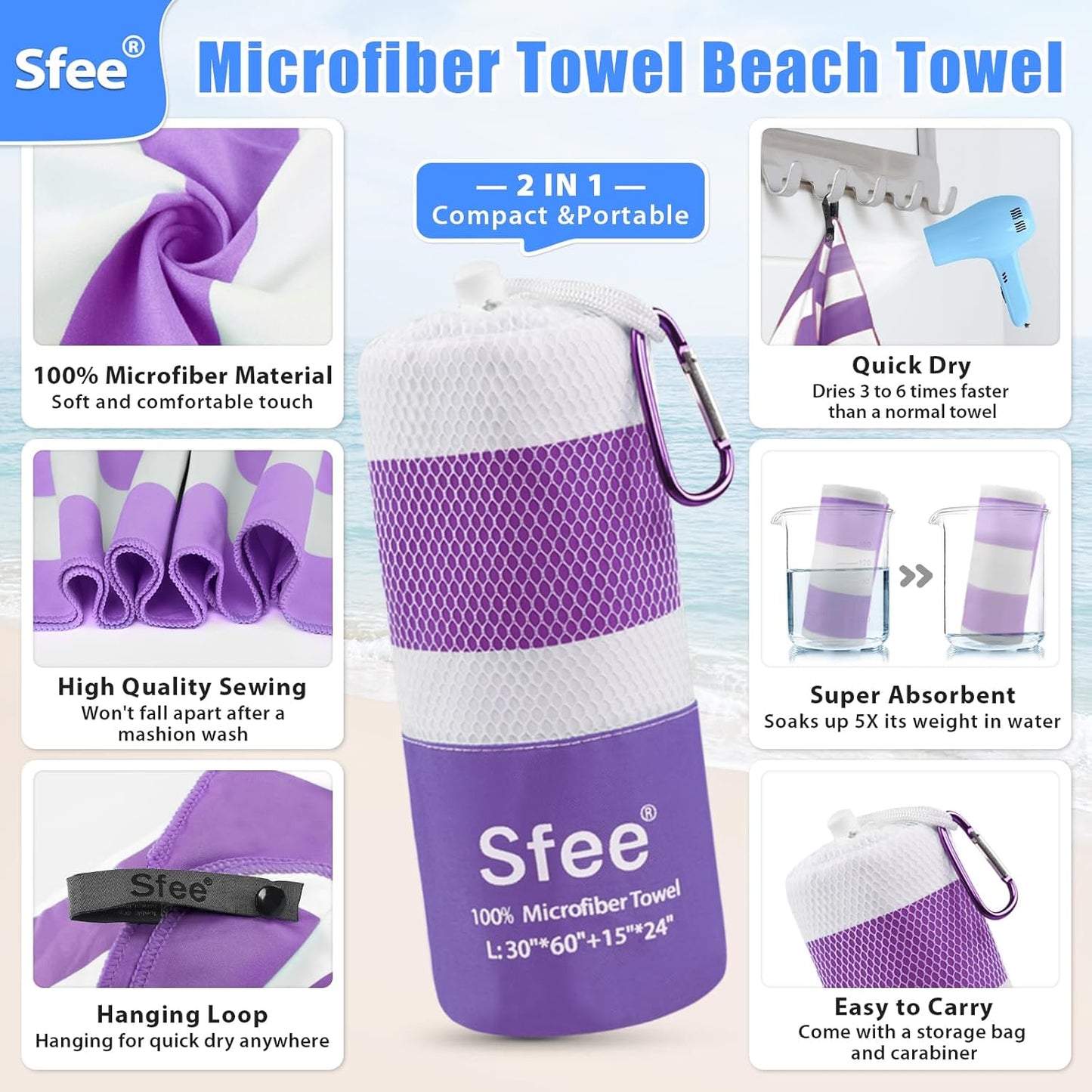 Sfee 2 in 1 Microfiber Beach Towel, Quick Dry Towel Camping Travel Towel Super Absorbent Compact Lightweight Sports Towel Gym Towels Set for Beach, Gym, Hiking, Pool, Backpacking, Bath, Yoga