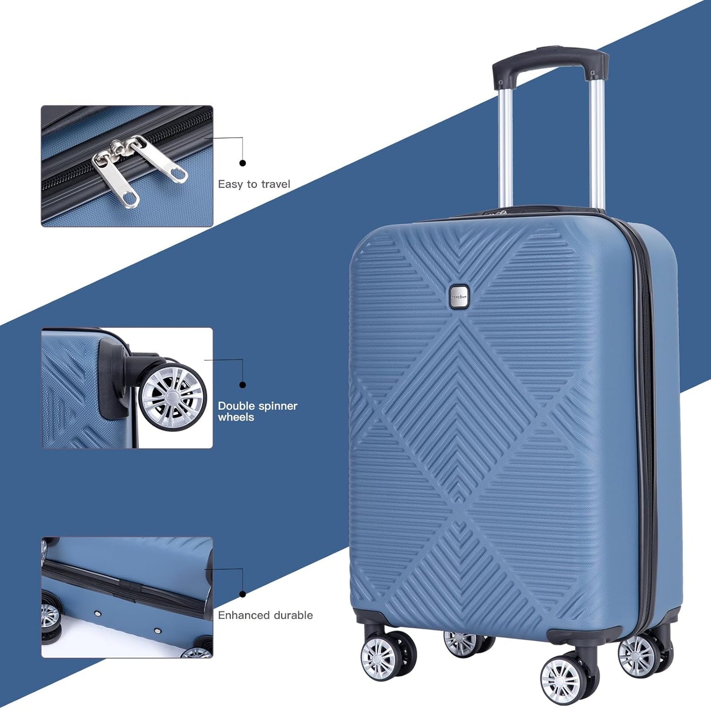 Luggage 4 Piece Set, Hardshell ABS Suitcase Set with Double Spinner Wheels, Lightweight Suitcase, Carry On and Checked Travel Luggage, Dark Blue