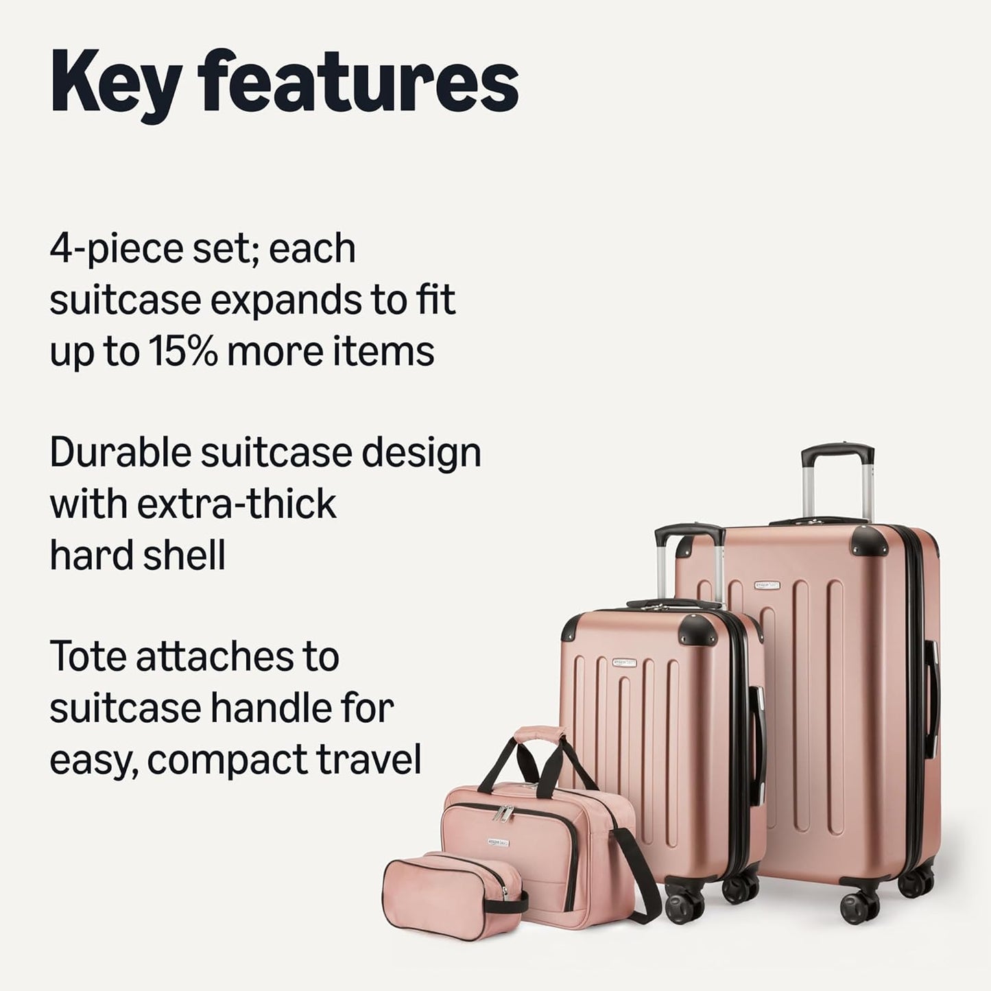 Amazon Basics 4-Piece Luggage Set, Including Two Hardside Suitcases With Multidirectional Spinner Wheels (22" CarryOn and 28" Checked), Plus 15-inch Tote Bag and 10-inch Compact Travel Bag, Rose Gold