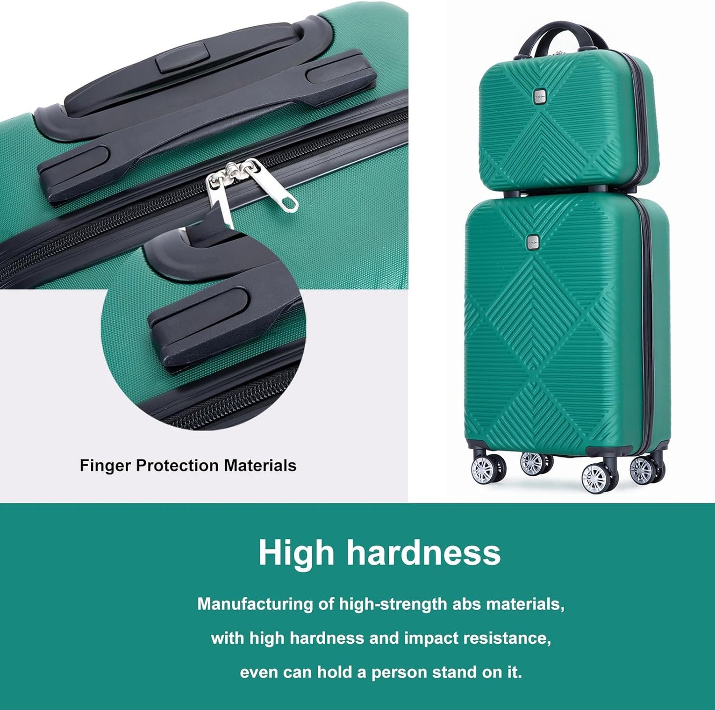 Luggage 4 Piece Set, Hardshell ABS Suitcase Set with Double Spinner Wheels, Lightweight Suitcase, Carry On and Checked Travel Luggage, Dark Green