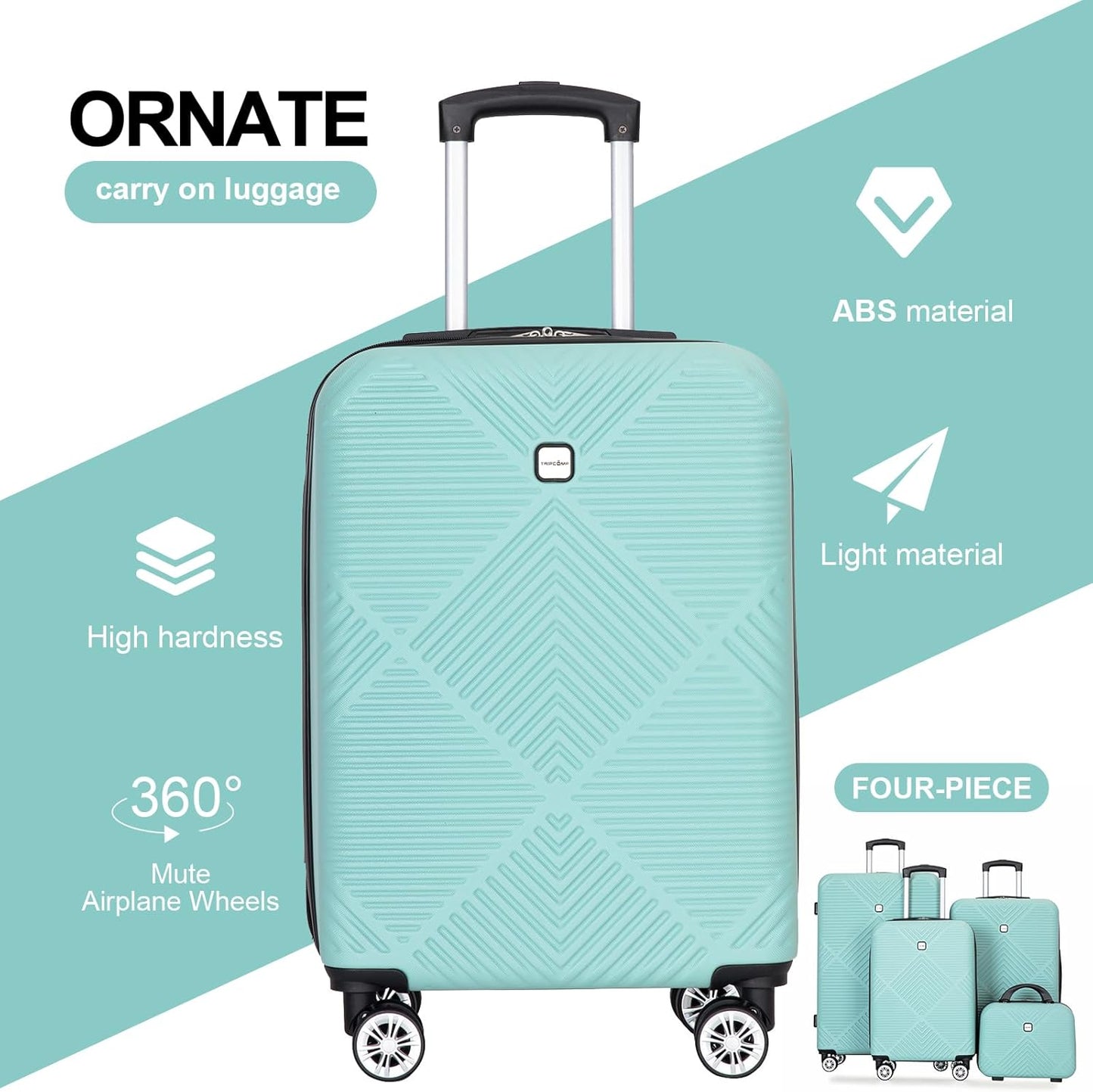 Luggage 4 Piece Set, Hardshell ABS Suitcase Set with Double Spinner Wheels, Lightweight Suitcase, Carry On and Checked Travel Luggage, Aqua Blue