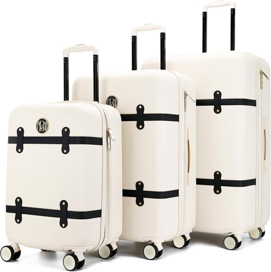 Badgley Mischka Grace 3 Piece Polycarbonate-ABS Expandable Retro Luggage Set (Cream)