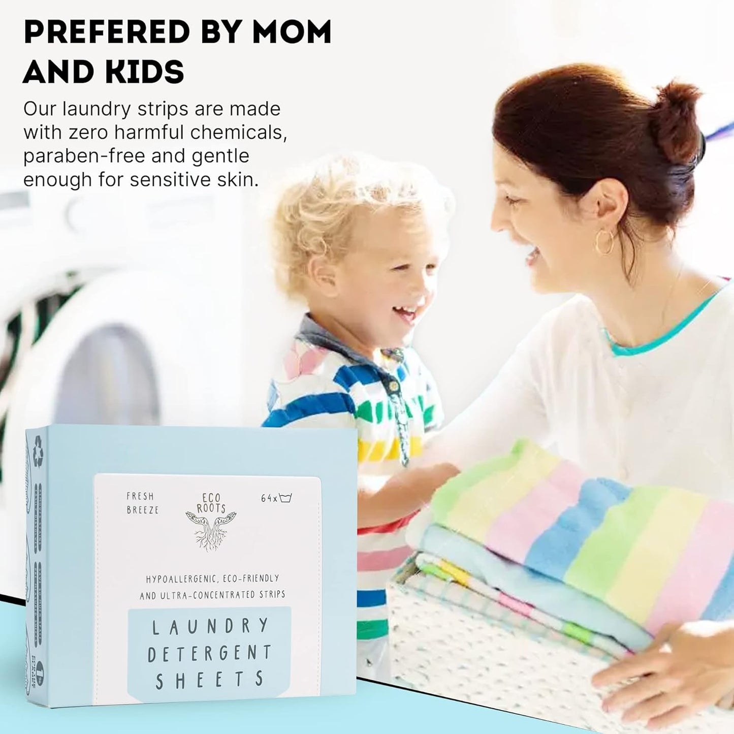 Eco Roots Laundry Detergent Sheets – 64 Loads Eco-Friendly Fresh Breeze Laundry Sheets, Travel Size, Biodegradable & Hypoallergenic – Zero-Waste Detergent Alternative