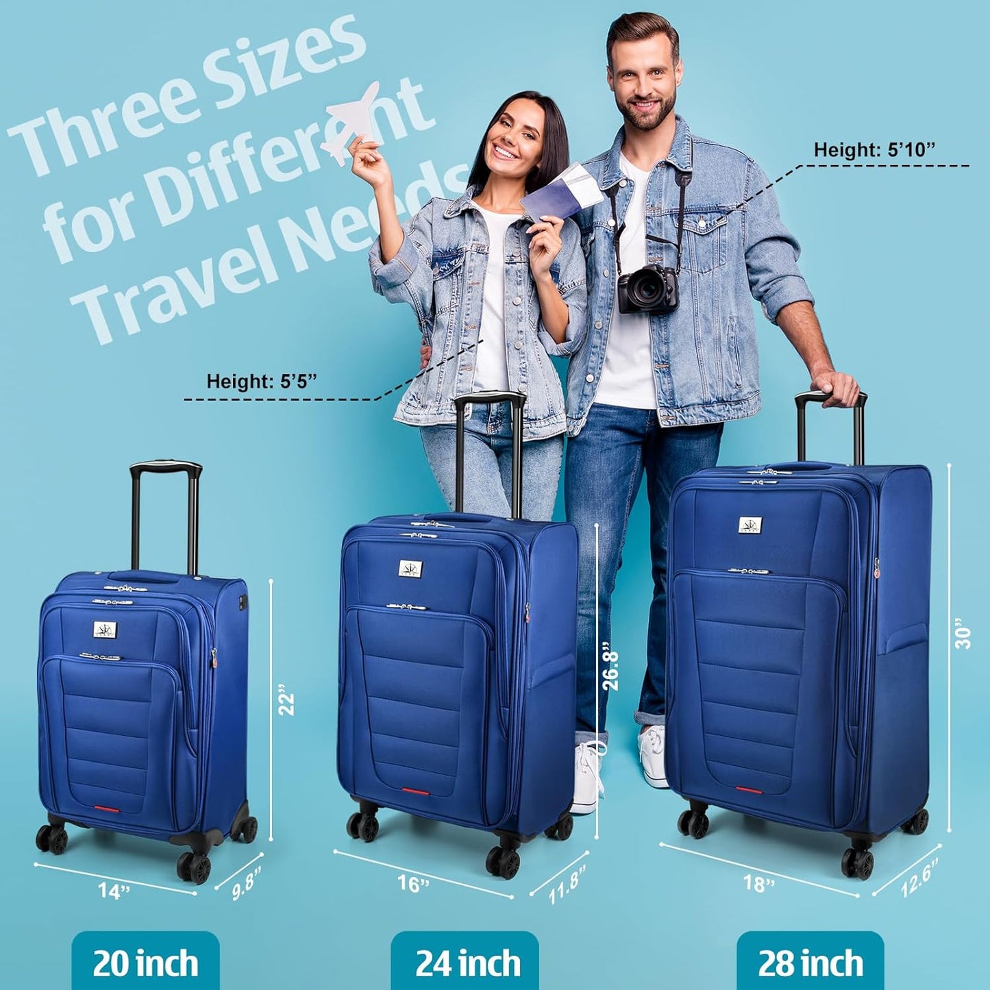 Verdi Luggage Set 3-Piece Suitcase with Spinner Wheel Softside Expandable, Carry On Luggage with USB Port (Navy, 3-Piece set(20/24/28))