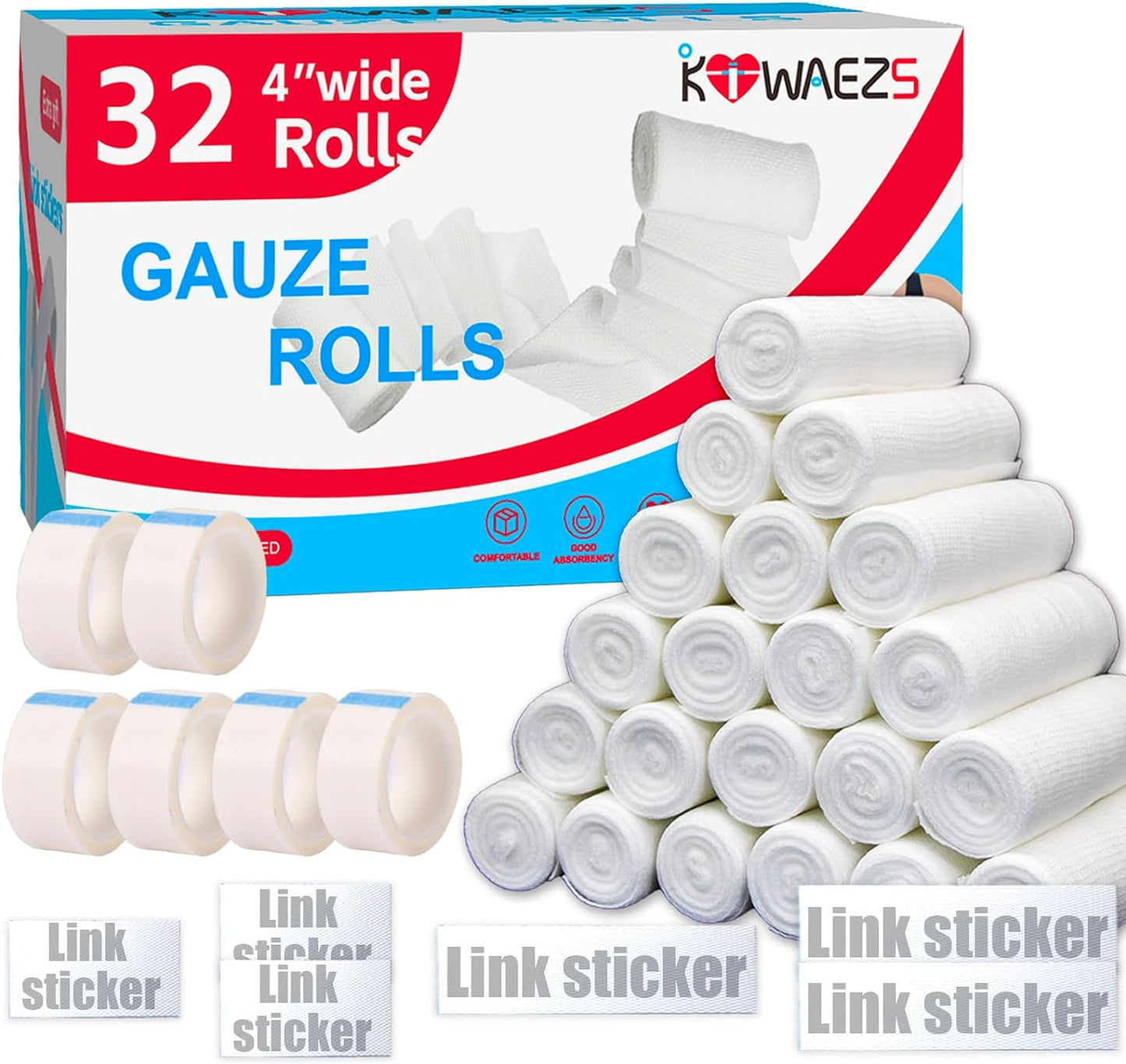 32 Pack Gauze Rolls Bandages 4 ” x 4.1 yd Premium Quality Lint and Latex-Free Conforming Stretch Designed for Effective Wound Care for Wound Dressing Support (Individually Packed)