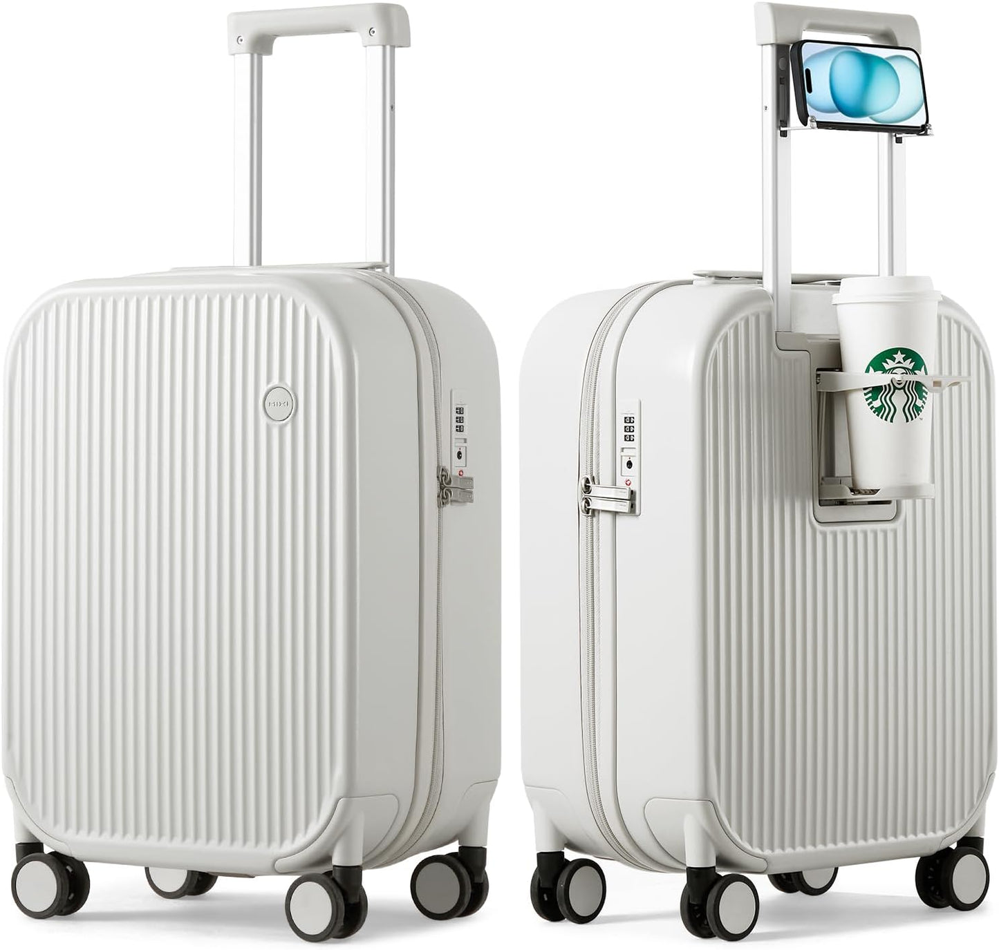 mixi Carry On Luggage with Cup Phone Holder Hard Shell Rolling Travel Suitcase with Spinner Wheels,20 Inch Smoke White