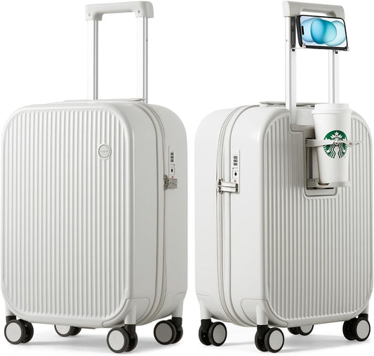 mixi Carry On Luggage with Cup Phone Holder Hard Shell Rolling Travel Suitcase with Spinner Wheels,20 Inch Smoke White