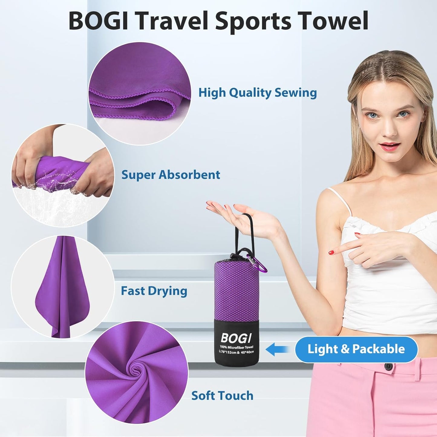 BOGI Microfiber Travel Sports Towel-Quick Dry, Soft Lightweight, Absorbent, Compact Towel for Camping Gym Beach Bath Yoga Swimming Backpacking (M:40''x20''-Purple)