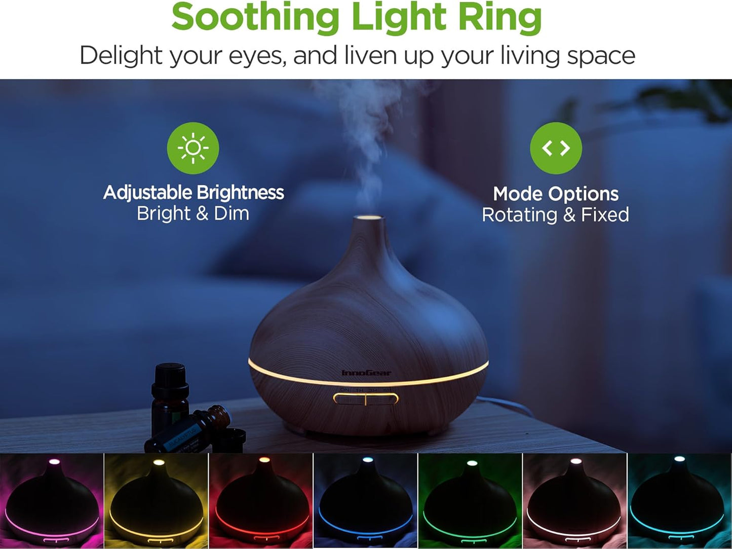 InnoGear Aromatherapy Diffuser & 10 Essential Oils Set, 400ml Diffuser Ultrasonic Diffuser Cool Mist Humidifier with 4 Timers 7 Colors Light Waterless Auto Off for Large Room Office, Yellow Wood Grain