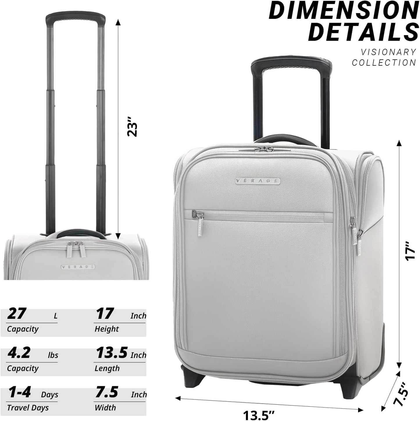 Verage Under Seat Luggage with Wheels, Softside Expanable Small Suitcase Carry On Luggage Bags for Airlines Airplanes Short Trip Men Women (Cloud Gray, 16-Inch Rolling Underseat)