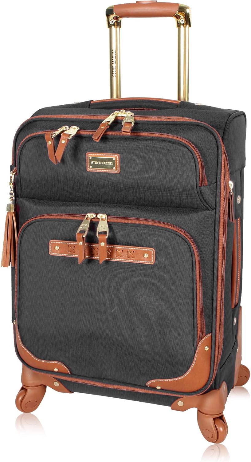 Steve Madden Designer Luggage Collection - Lightweight Softside Expandable Suitcase for Men & Women - Durable 20 Inch Carry On Bag with 4-Rolling Spinner Wheels (20in, Global Black)