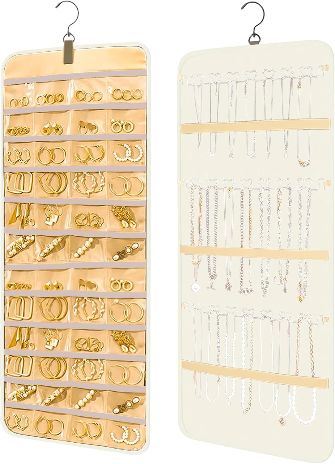Bloss Hanging Jewelry Organizer with 48 Pockets, Double-Side Hanging Jewelrys Holder with Hanger Hooks, Jewelry Organizers and Accessories Storage for Earrings, Necklaces and Rings,Beige