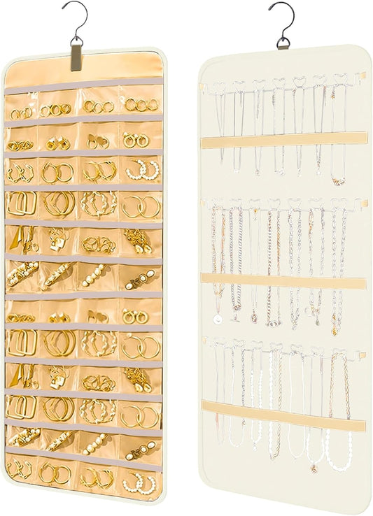 Bloss Hanging Jewelry Organizer with 48 Pockets, Double-Side Hanging Jewelrys Holder with Hanger Hooks, Jewelry Organizers and Accessories Storage for Earrings, Necklaces and Rings,Beige