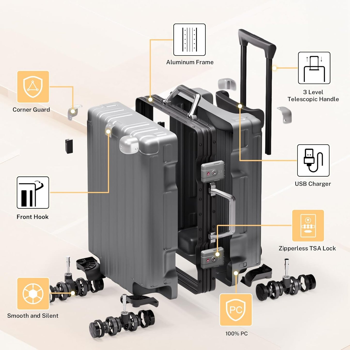 Krute Luggage Sets 2 Pieces 20 28 Inch Aluminum Frame Luggage With Wheels Hardside PC No Zipper Suitcase with USB Charger