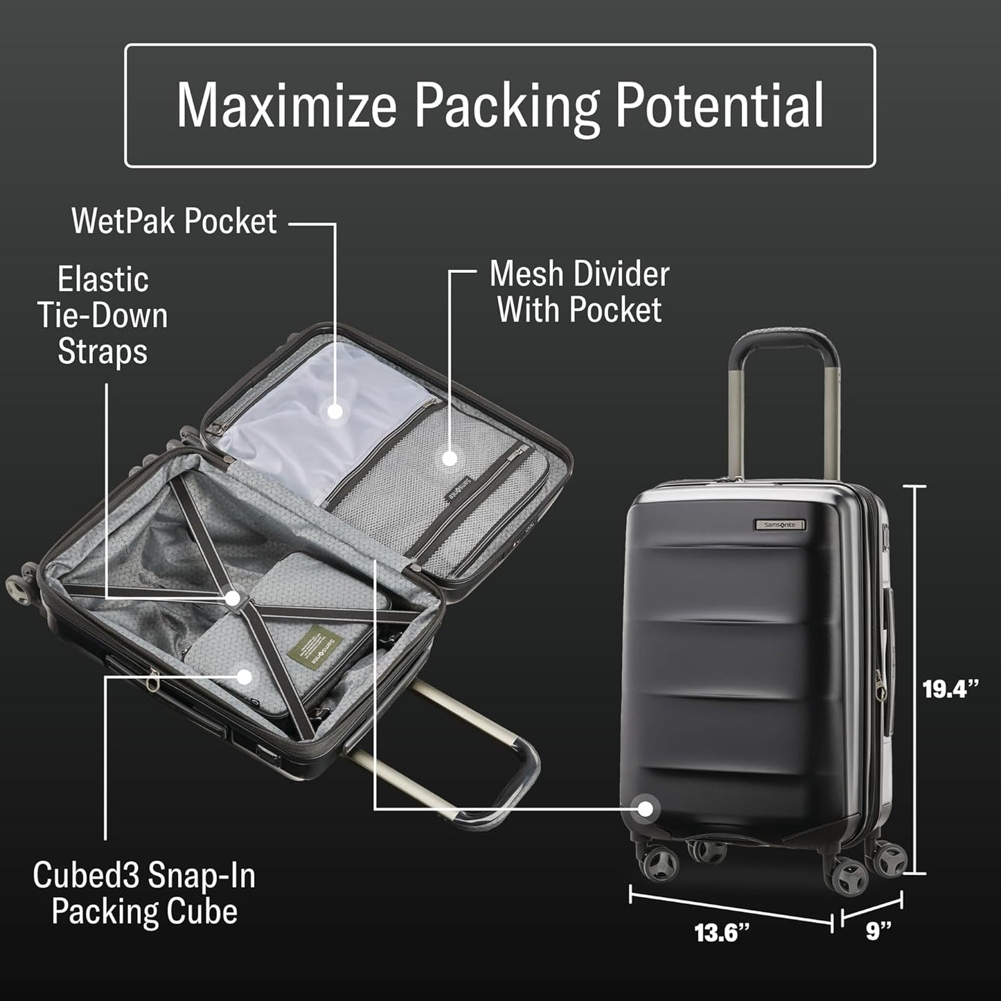 Samsonite Octiv Lightweight Hardshell 20-Inch Carry-On Luggage -Durable & Impact Resistant, 360° Aero Trac Spinner Wheels, Adjustable Telescopic Handle, Expandable Suitcase, TSA Approved Lock - Black