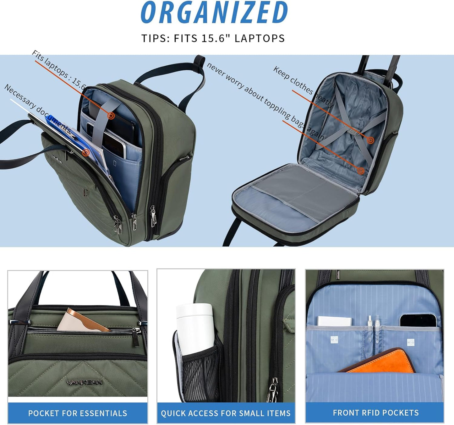 VANKEAN Carry On Underseat 16-inch Multi-functional Underseater Lightweight Overnight Suitcase with Wheels, Roller Case for Men Women Travel Business, Army Green