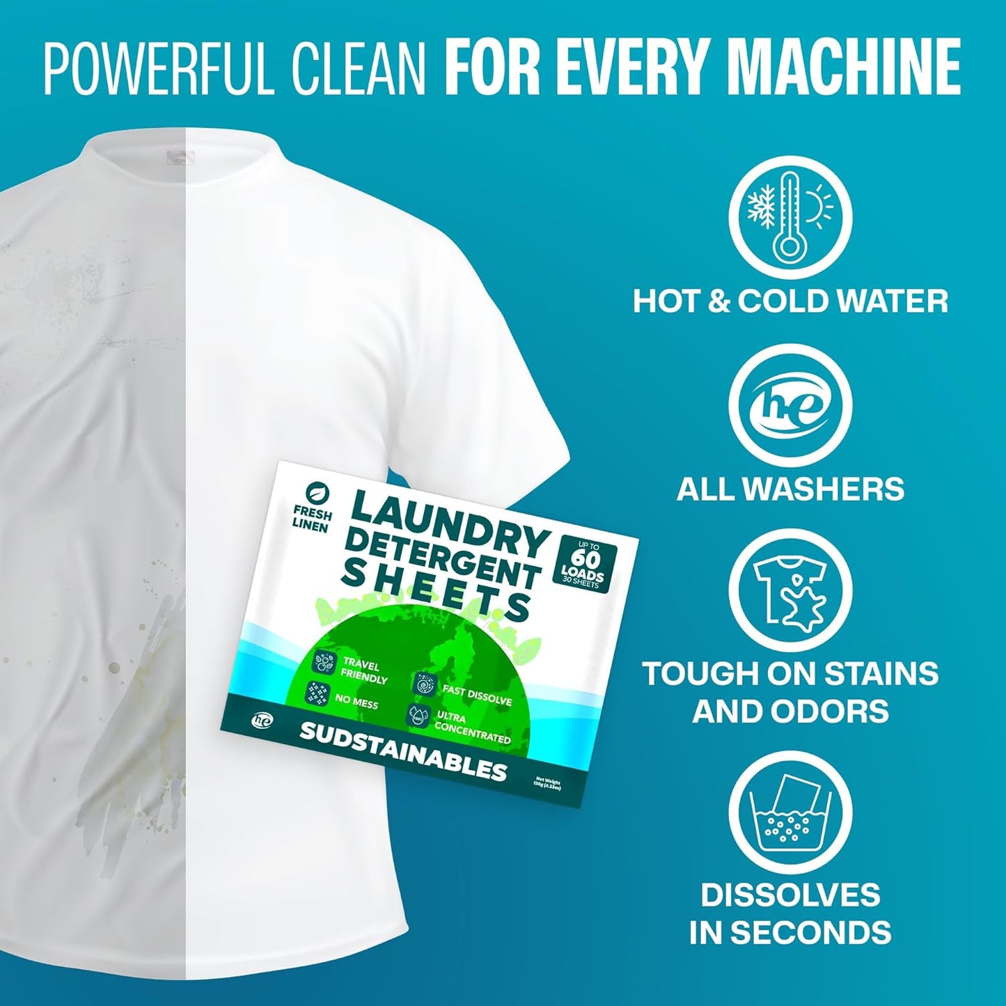 Sudstainables Laundry Detergent Sheets 60 Loads – Dissolvable Laundry Sheet for Washing Machines, Compact Alternative to Liquid & Powder Detergent, Travel-Friendly Soap | Fresh Linen